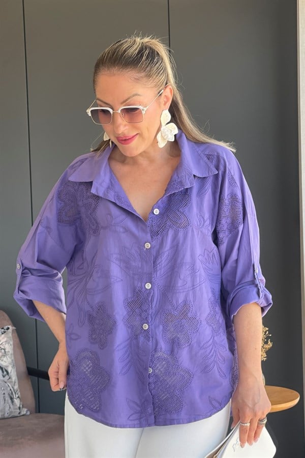 İthal Manolya Desen Mor Gömlek