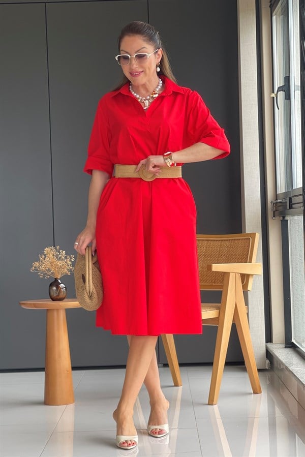 Kırmızı Oversize Poplin Elbise