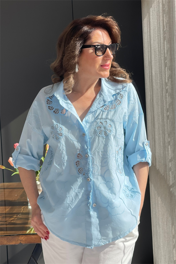 Nakış Çiçek Desen İndigo Gömlek