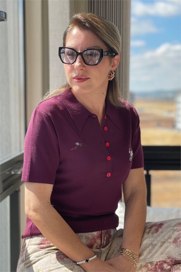 Nakış Detay Mürdüm Bluz