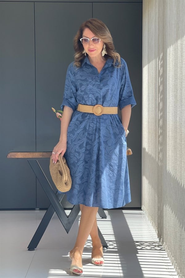 Sonbahar Yaprak Desen Lacivert Elbise