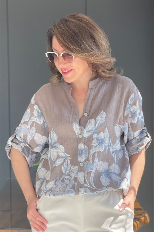 Yaprak Desen Taş Rengi Gömlek