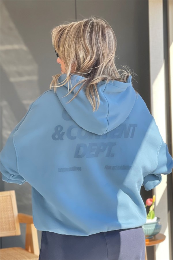Yazı Detay Kapüşonlu İndigo Sweat