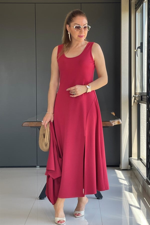 Yırtmaç Detay Kırmızı Modal Elbise
