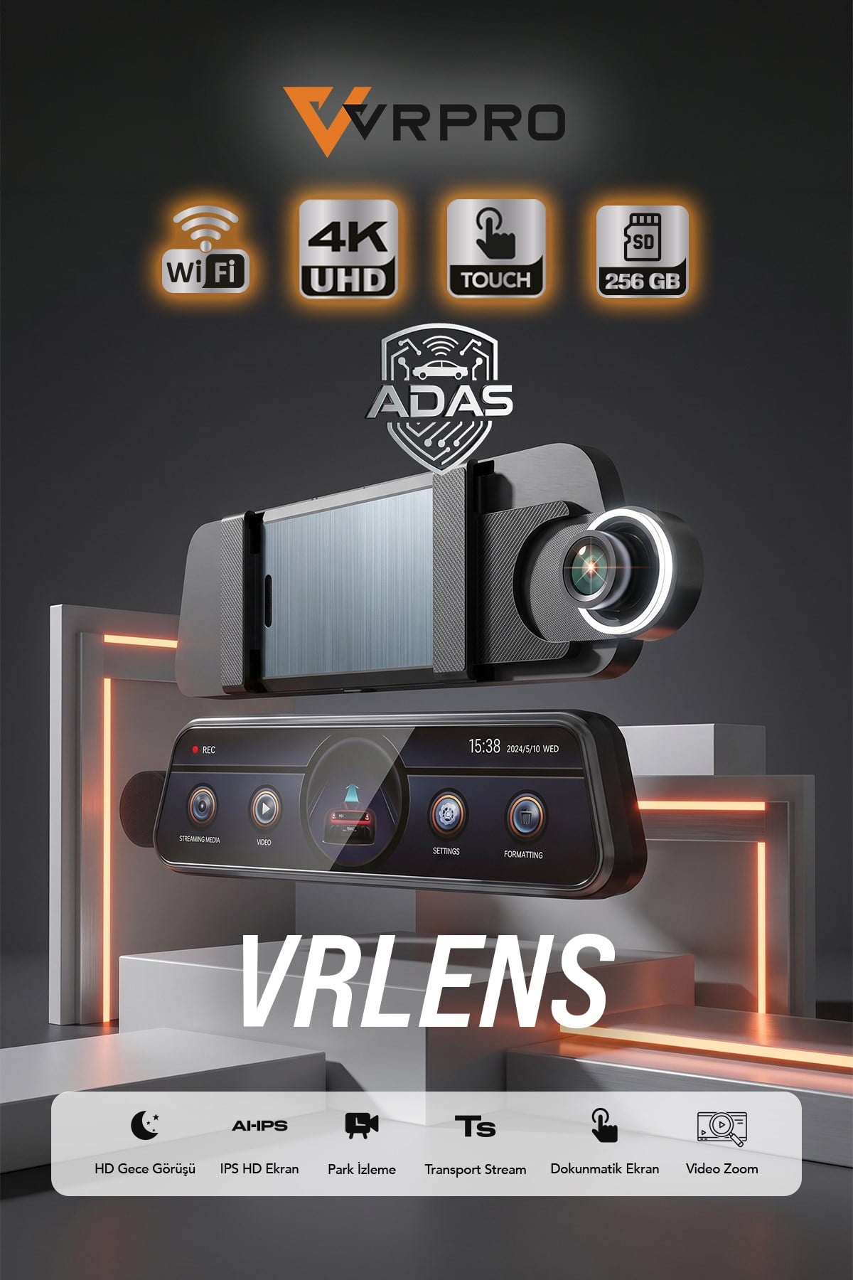 VRLENS 2 KAMERALI 10'' TOUCH SCREEN-ADAS+BSD-4K+2K-LOOP RECORDING-WIFI-G SENSOR