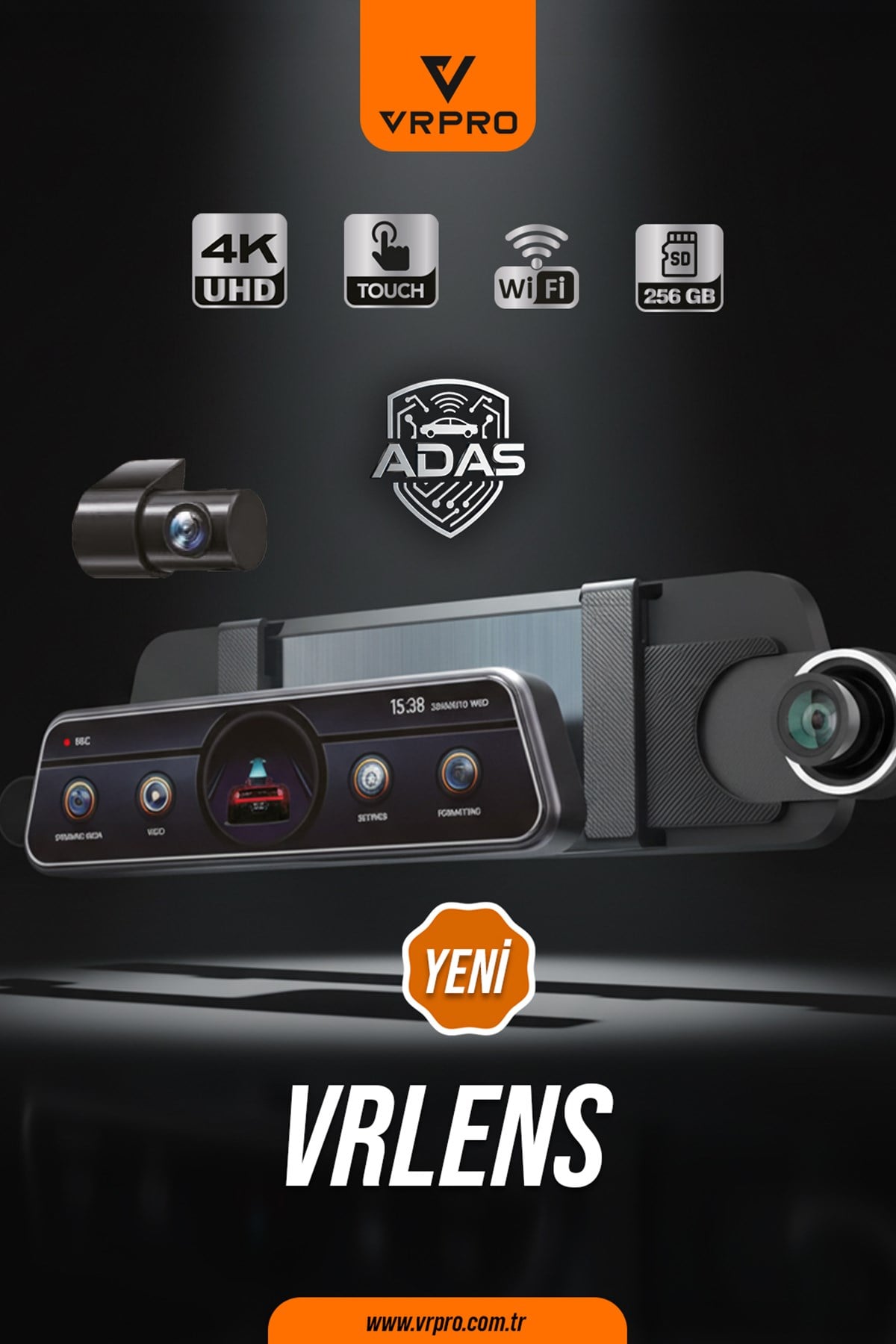 VRLENS 2 KAMERALI 10'' TOUCH SCREEN-ADAS+BSD-4K+2K-LOOP RECORDING-WIFI-G SENSOR