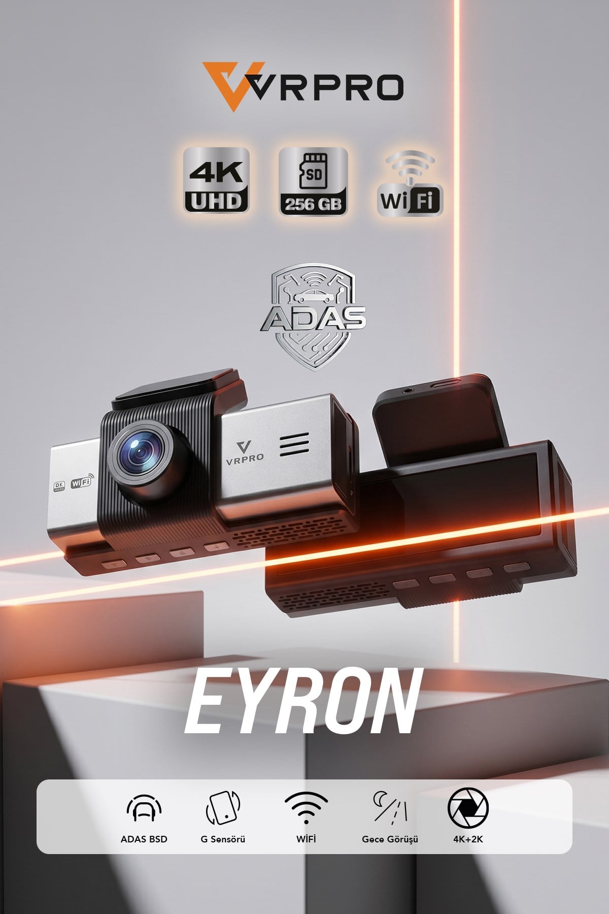 VRPRO EYRON 4K UHD Wi-Fi ADAS Destekli Akıllı Araç Kamerası - 256GB SD Kart Desteği