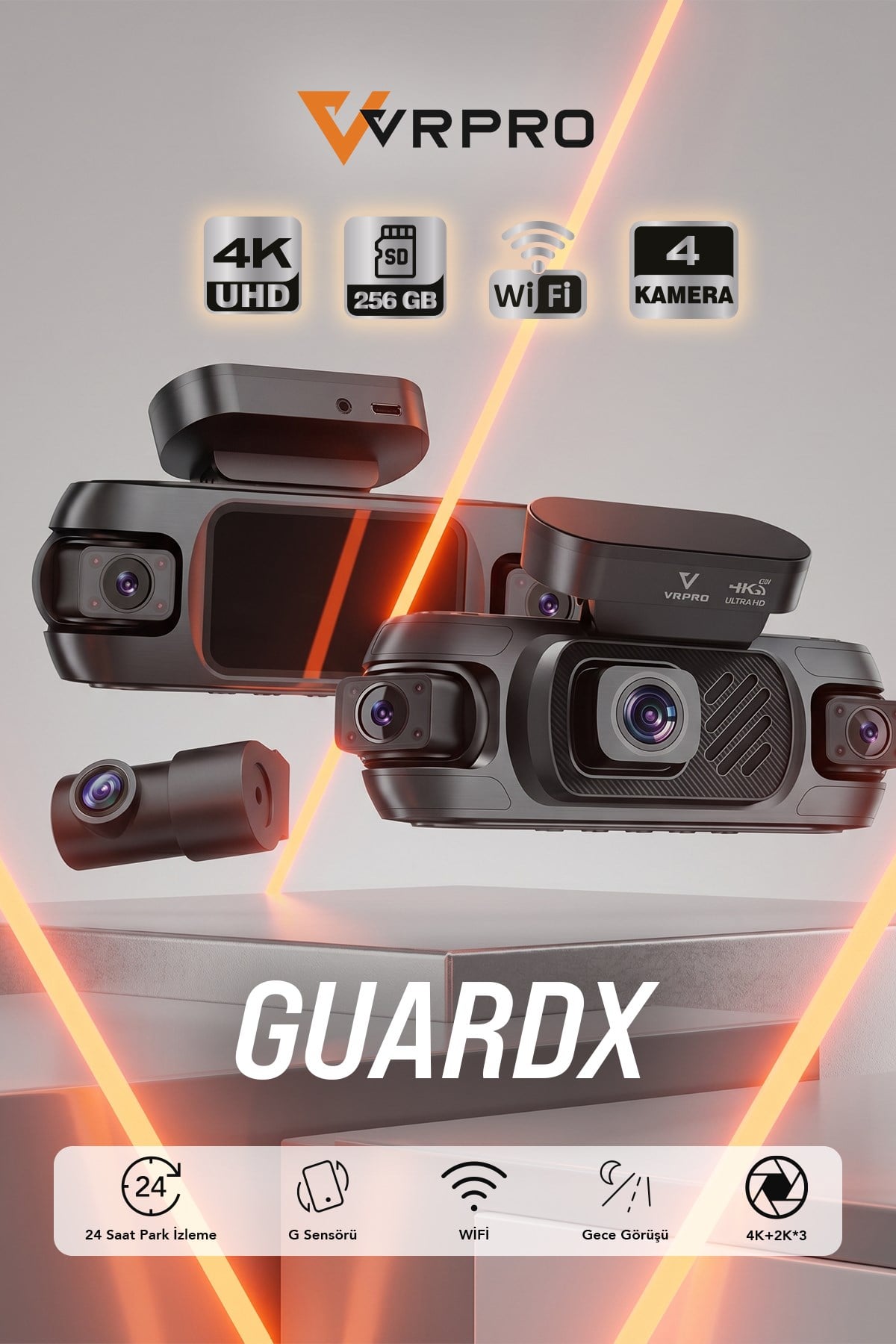 VRPRO GUARDX 4 Kameralı 4K UHD Wi-Fi Akıllı Araç Kamerası - 24 Saat Park İzleme & 256GB Destek