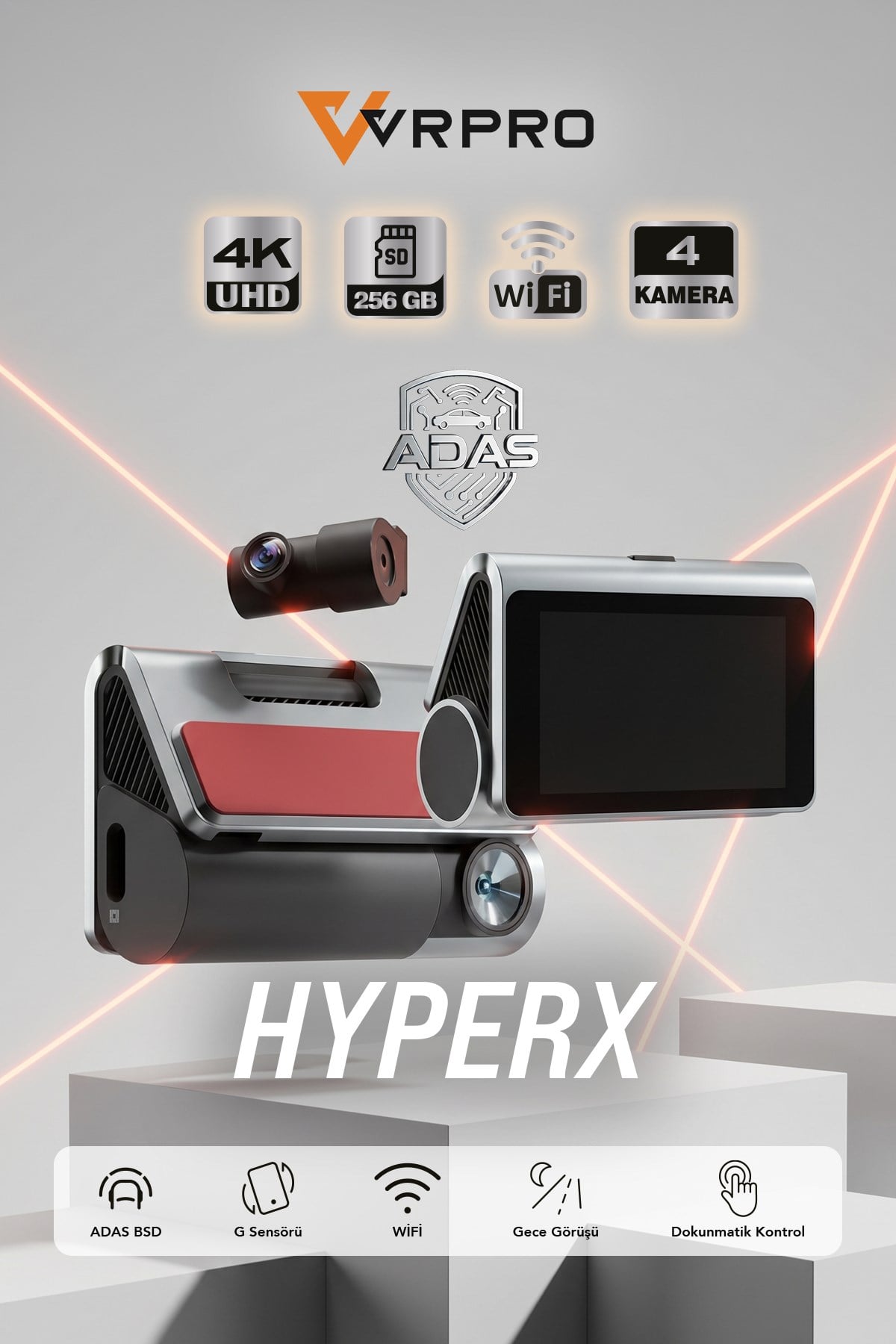 VRPRO HYPERX 4K UHD Dokunmatik Ekranlı Wi-Fi & GPS Araç Kamerası - ADAS Destekli