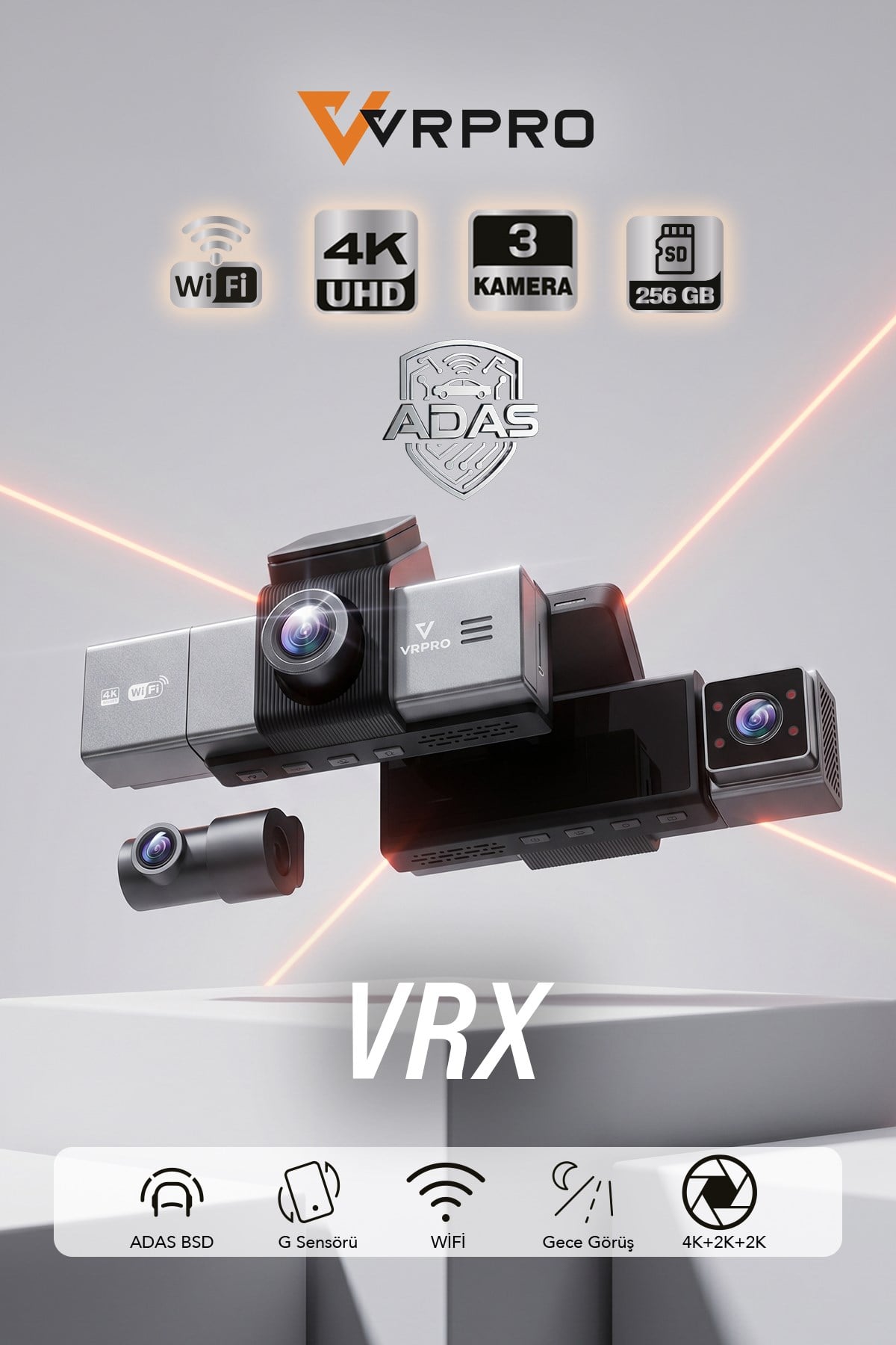 VRPRO VRX 3 Kameralı 4K UHD Wi-Fi Akıllı Araç Kamerası - ADAS BSD & 24 Saat Park İzleme