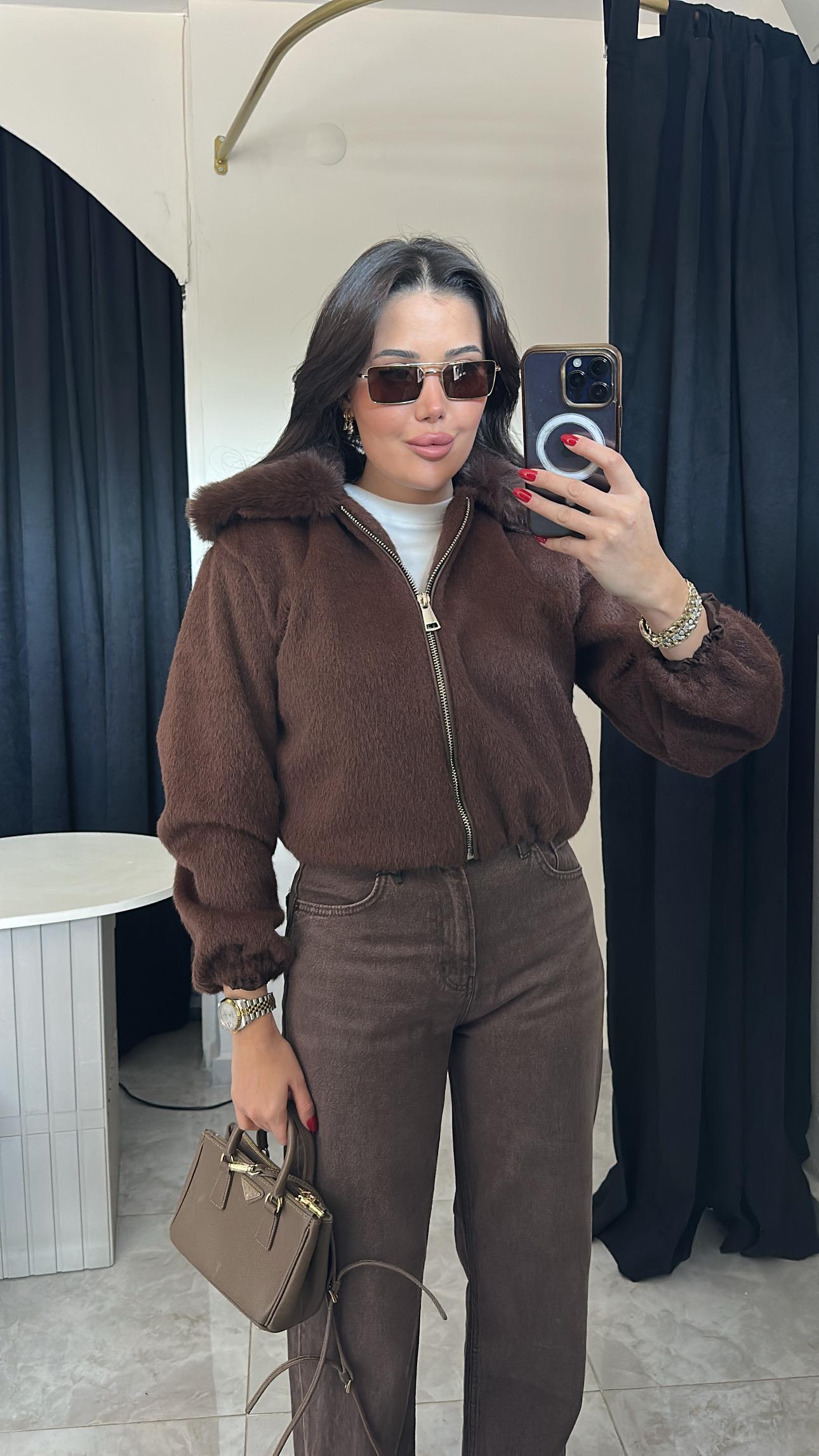 Astarlı Dokulu Kaşe Kürk Yaka Bomber-Kahve