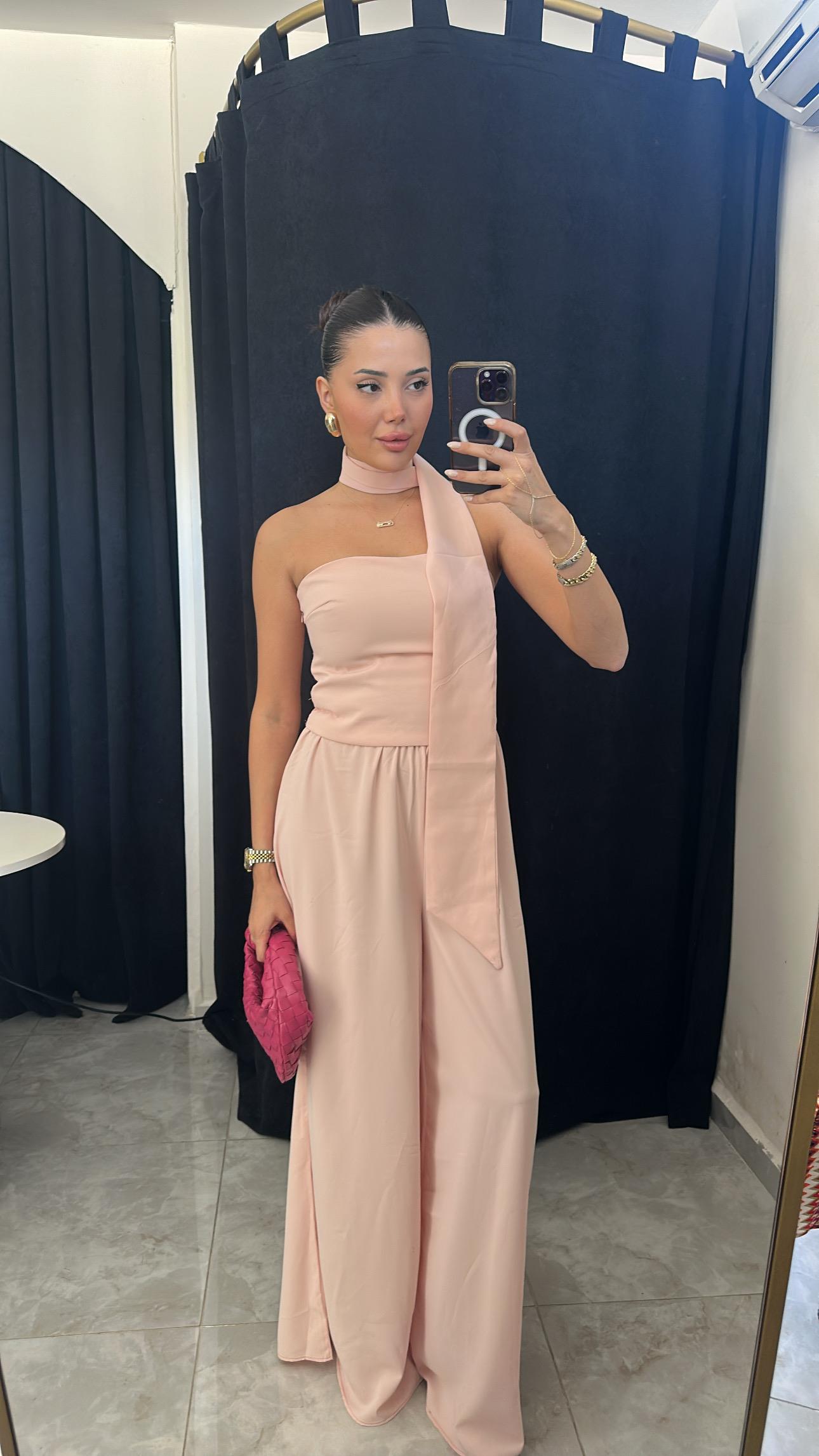 Fular Detaylı Top & Pantolon Takım - Pudra