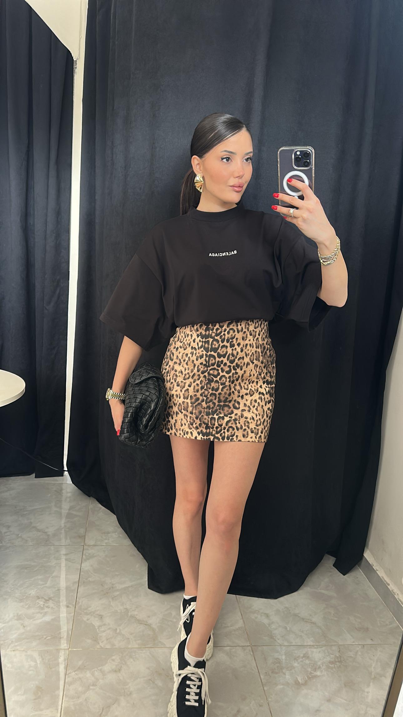 Leopar Denim Mini Etek