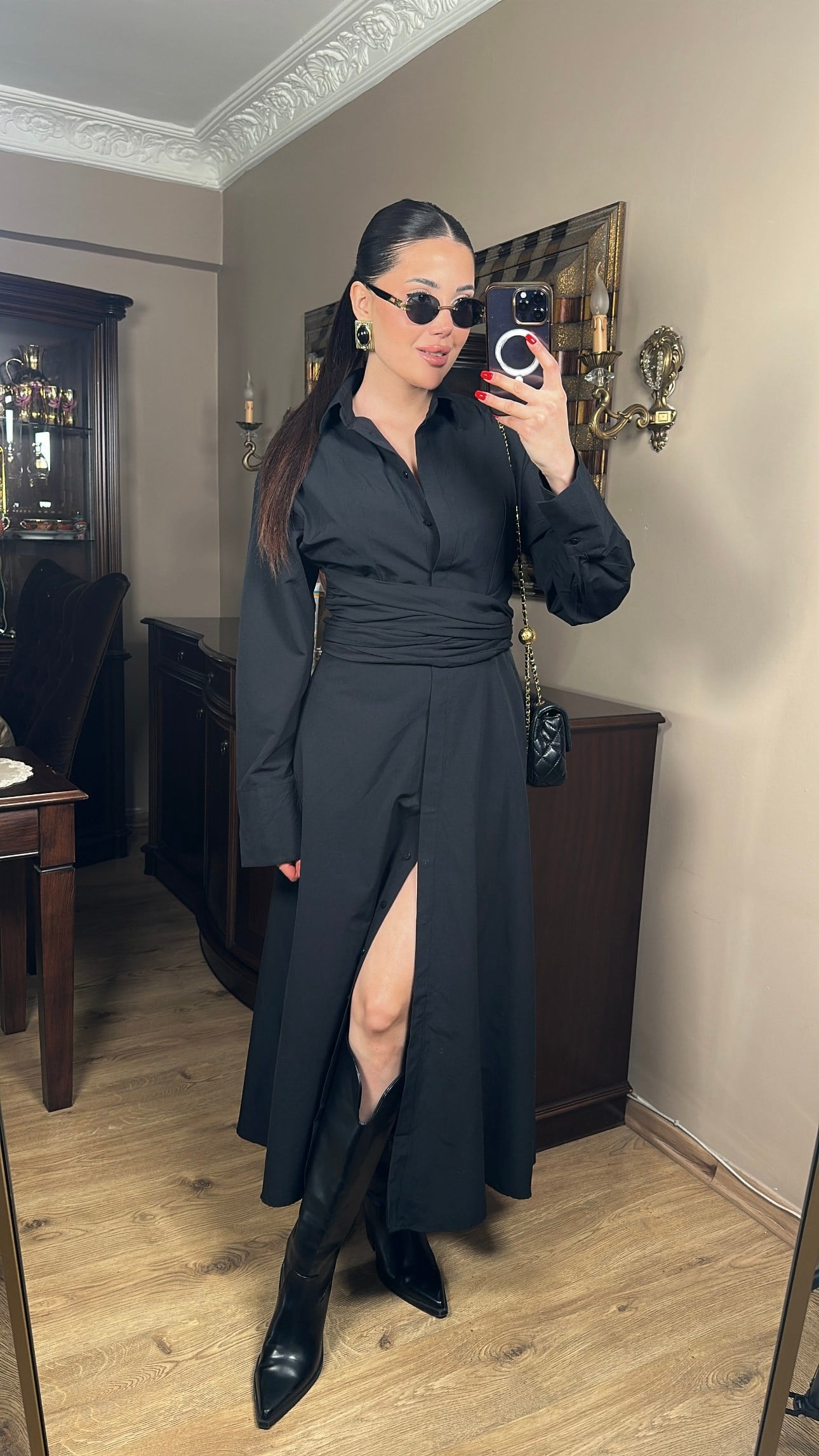 Premium Siyah Poplin Belden Kusaklı Elbise	