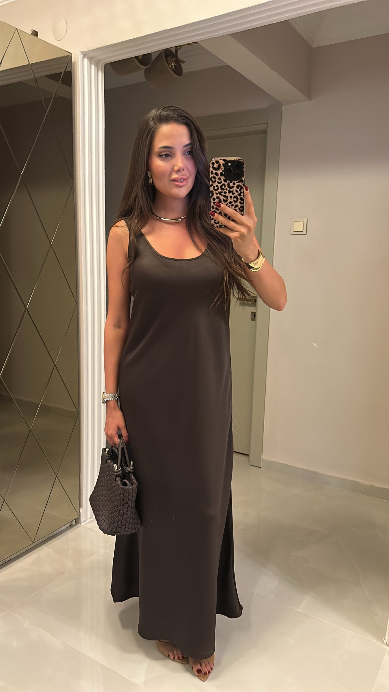 SATEN MAXİ ELBİSE-ACI KAHVE