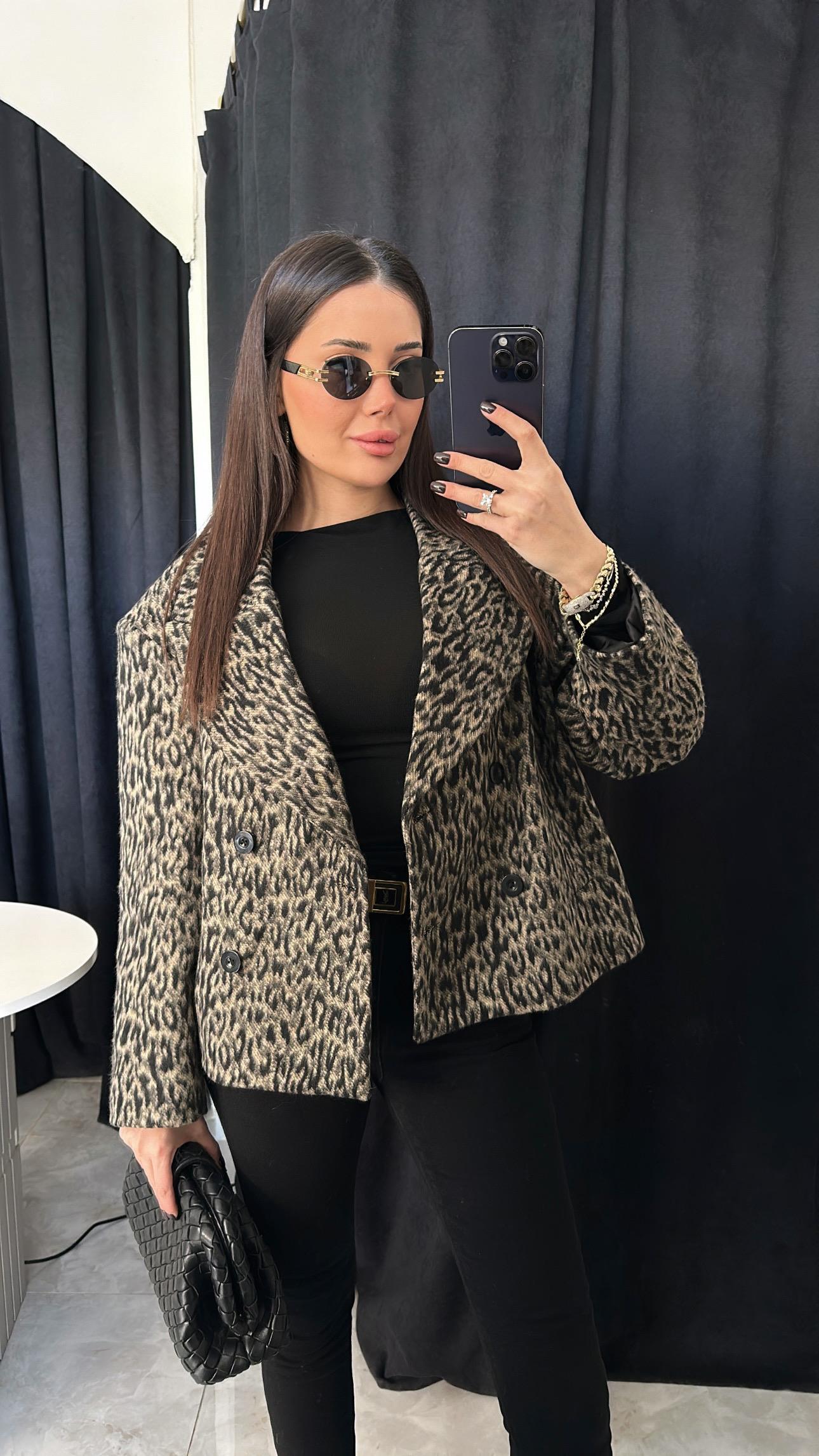 Leopar Vatkalı Kaşe Ceket