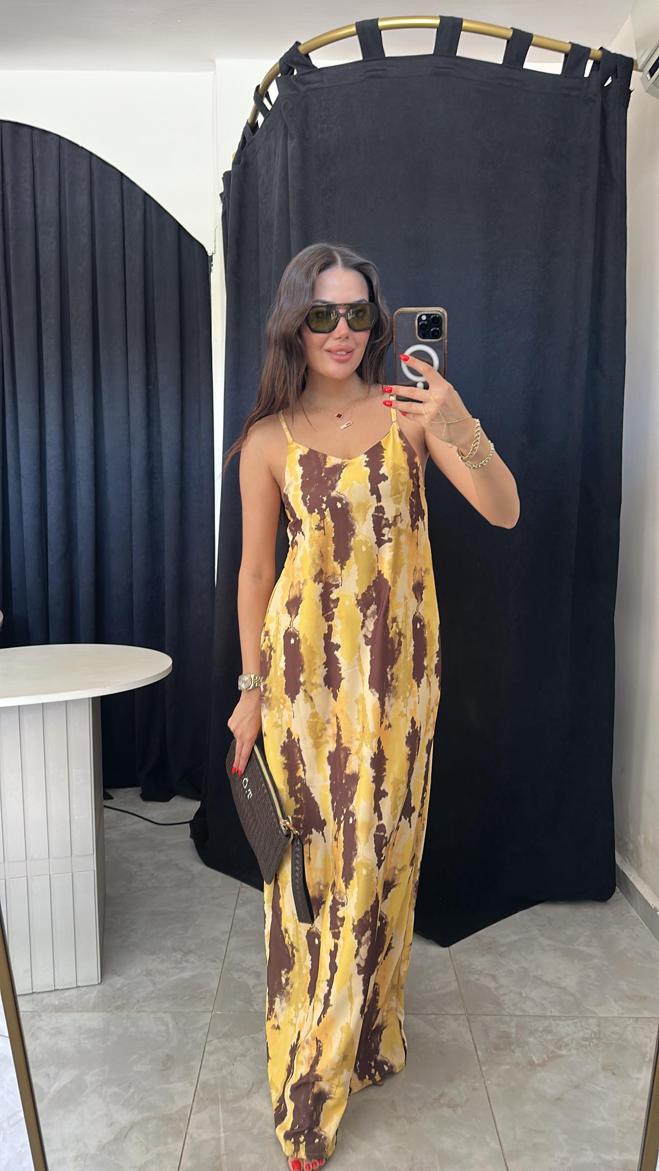 Kahve & Sarı Desenli Maxi Elbise
