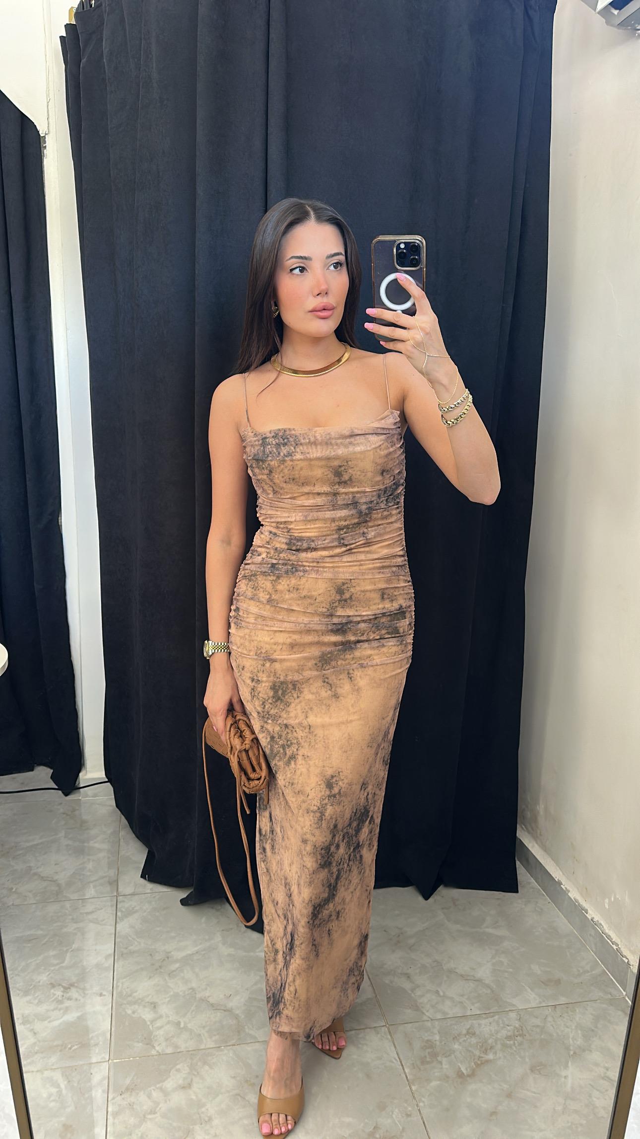 Nude Batik Desenli Midi Elbise