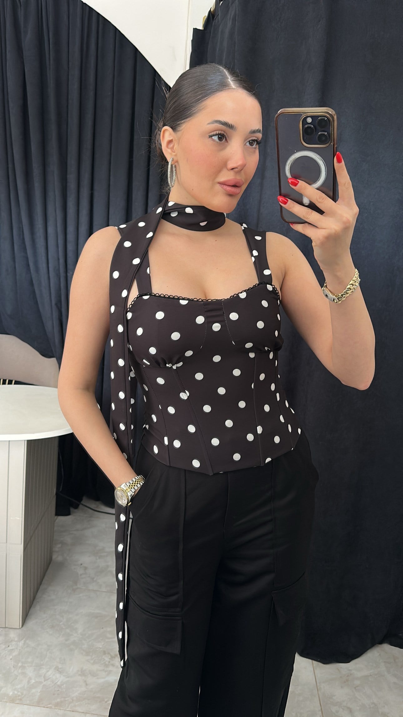 Puantiyeli Balenli Korse Top-Siyah