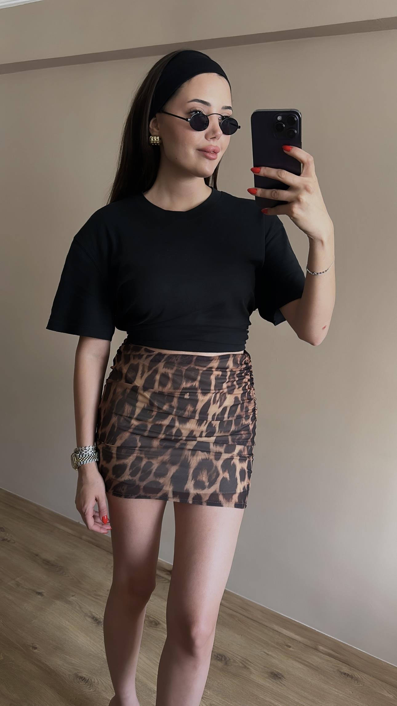 Leopar Tül Mini Etek