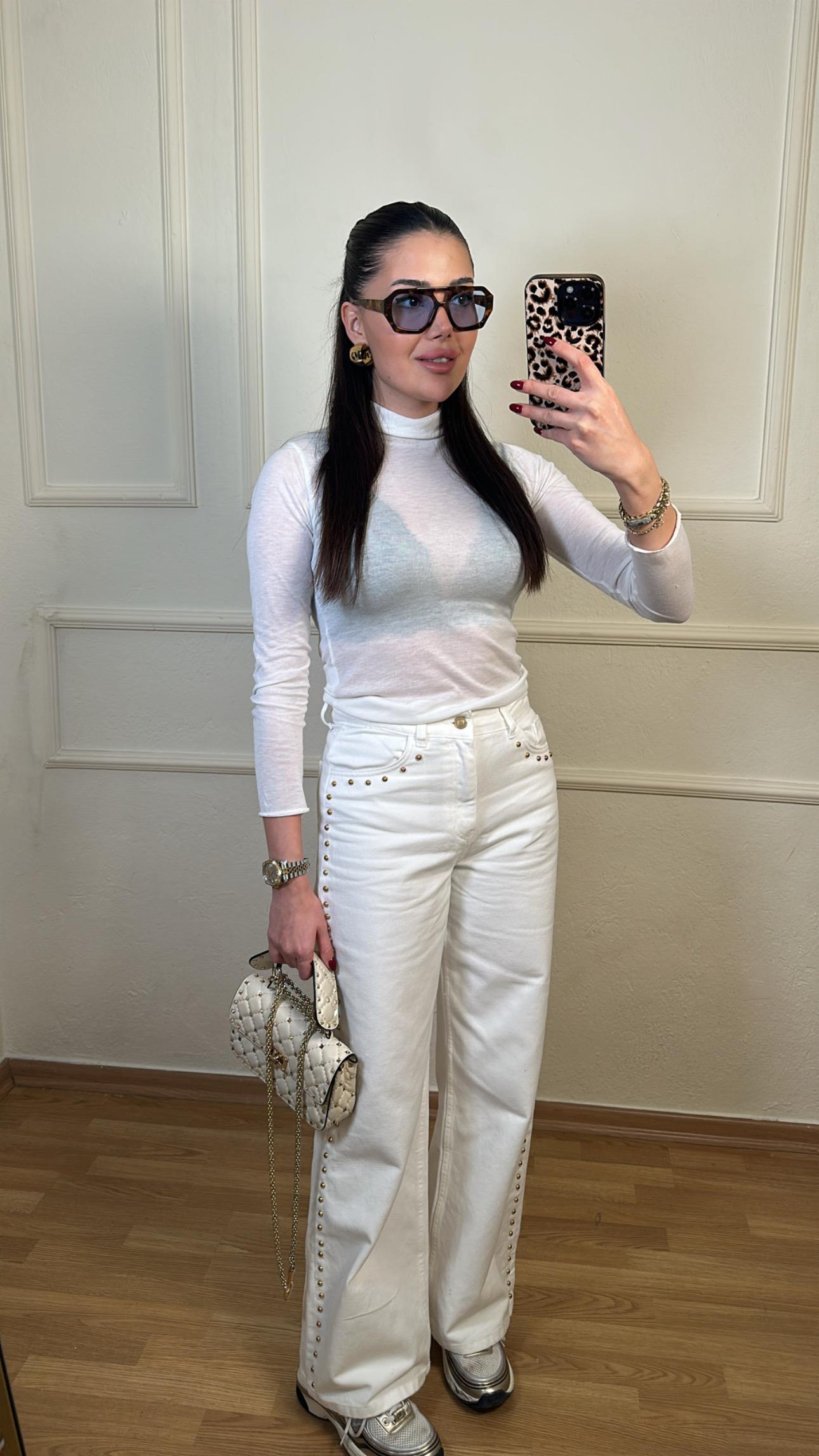 Gold Troklu Beyaz Jean