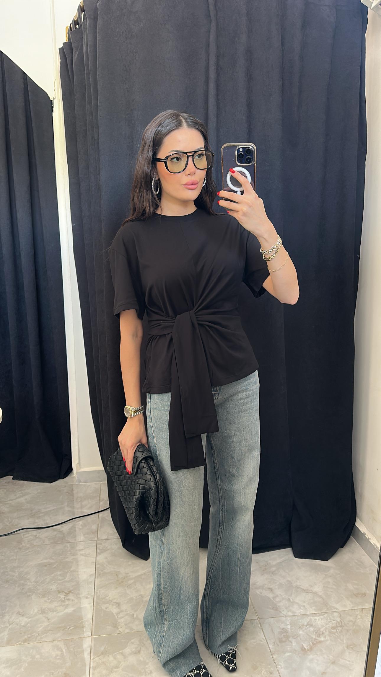 Bağlama Detaylı Basic Tshirt-Siyah