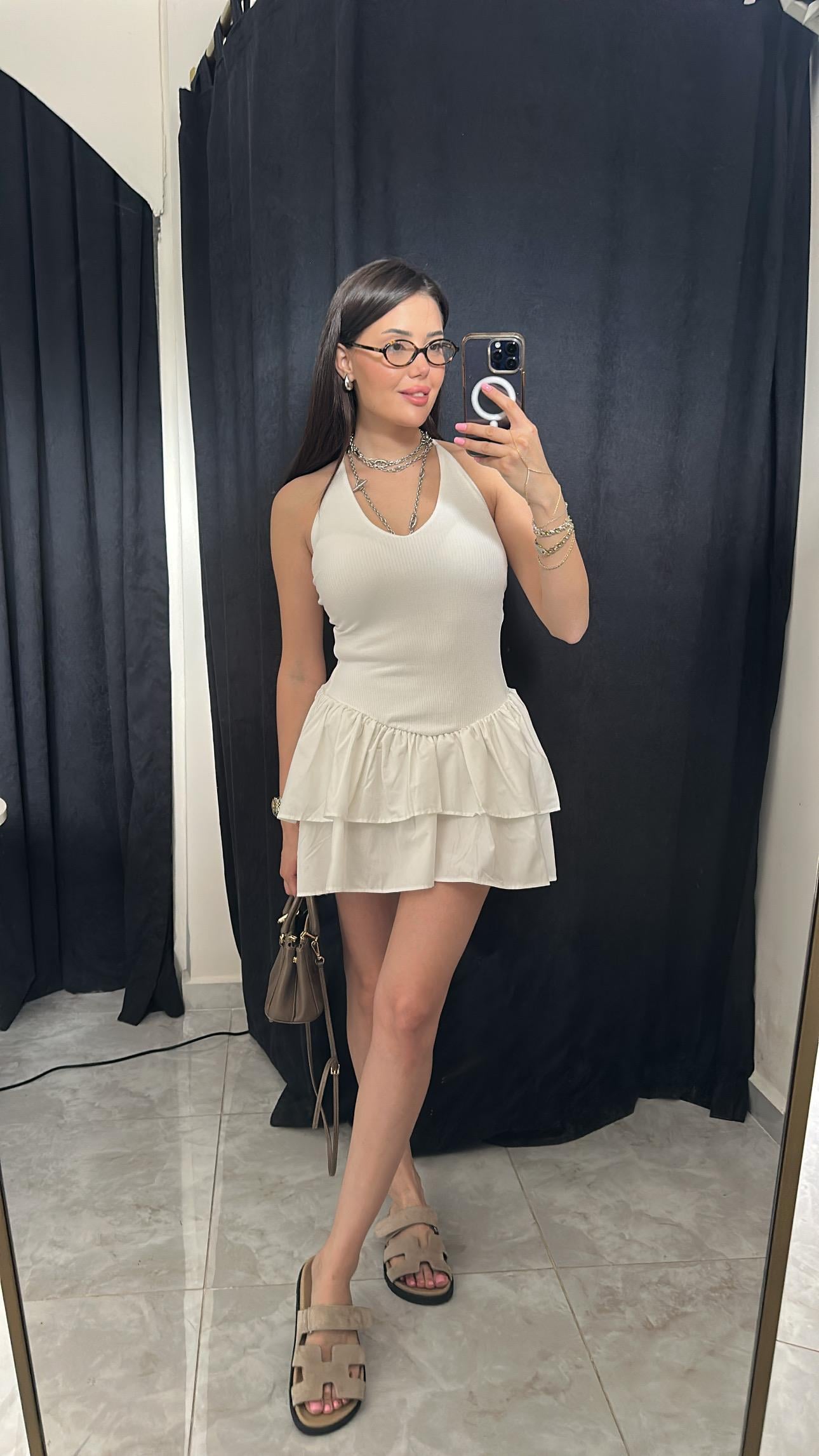 Halter Yaka Fırfır Detaylı Mini Elbise - Beyaz
