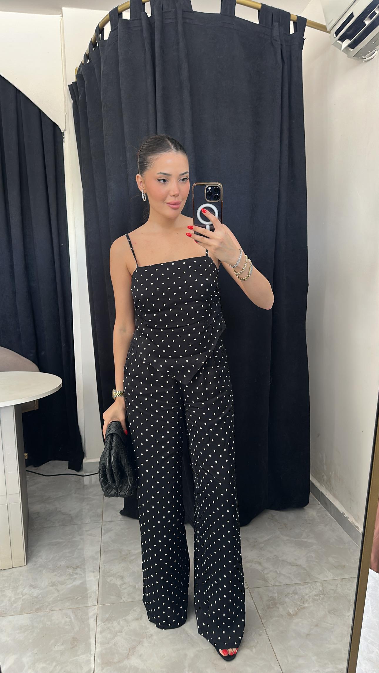 Puantiyeli Saten Top & Pantolon Takım