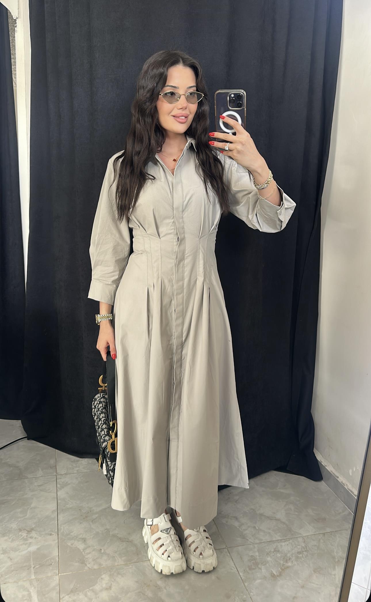 Premium Belden Oturan Poplin Gri Midi Elbise