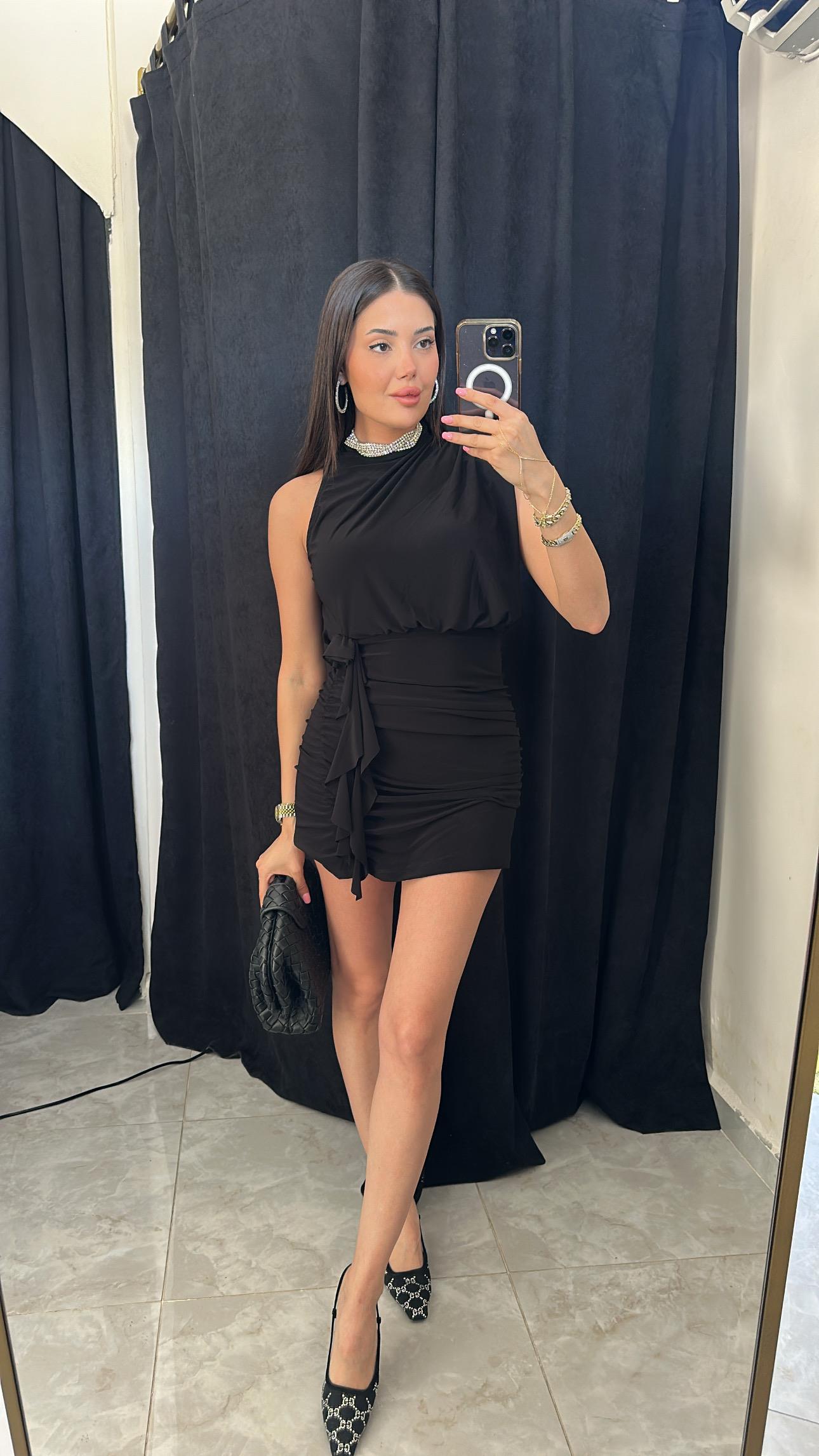 Gül Detaylı Mini Elbise - Siyah
