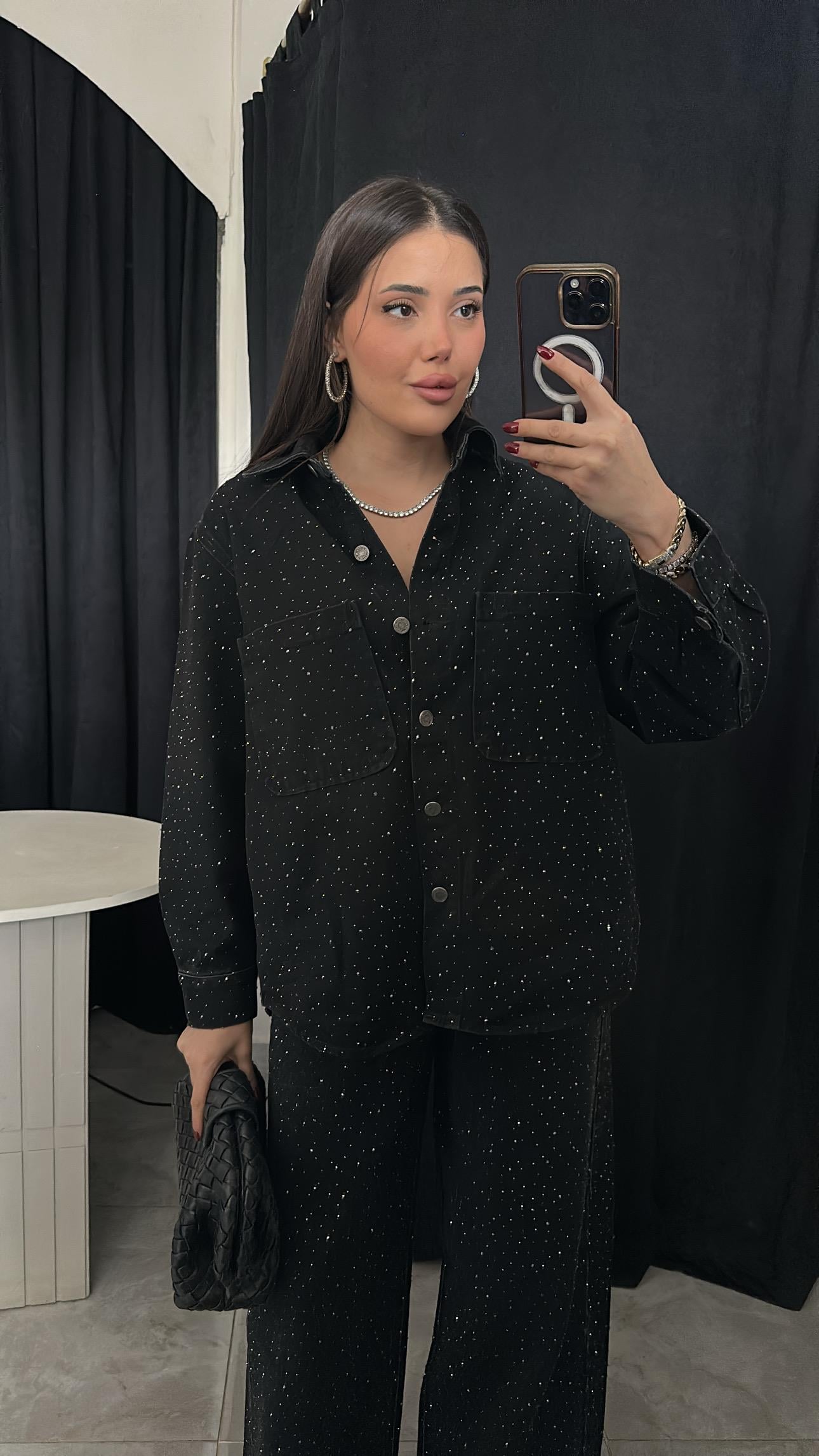 Premium Full Ön Arka Taşlı Denim Gömlek Ceket-Siyah