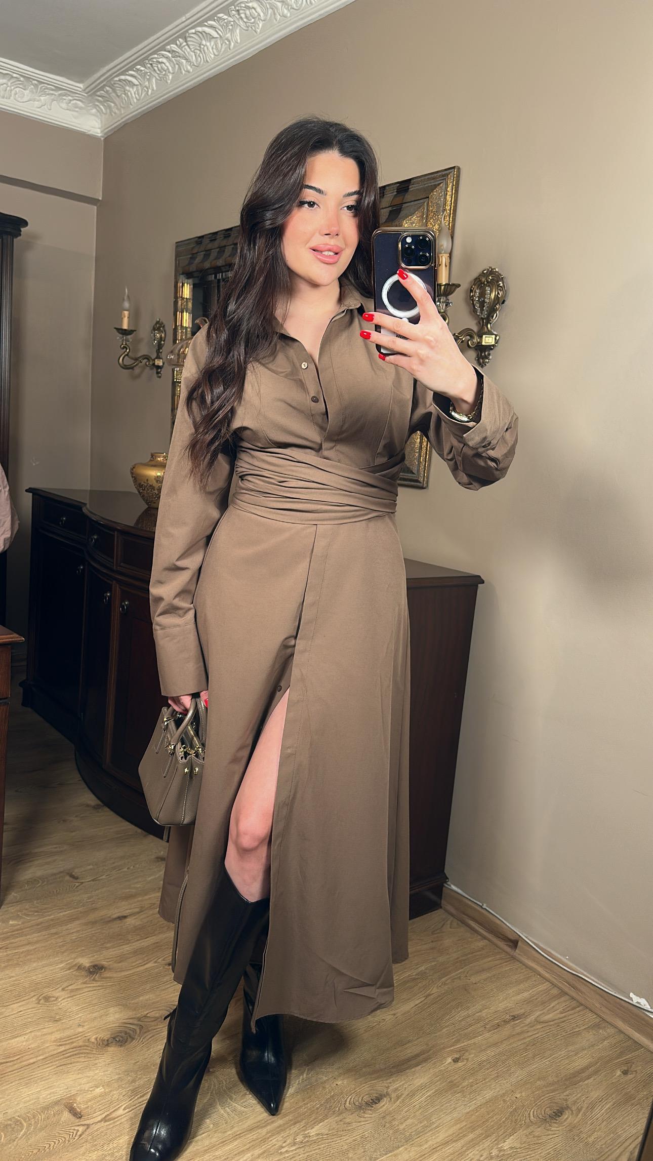 Premium Vizon Poplin Belden Kusaklı Elbise 