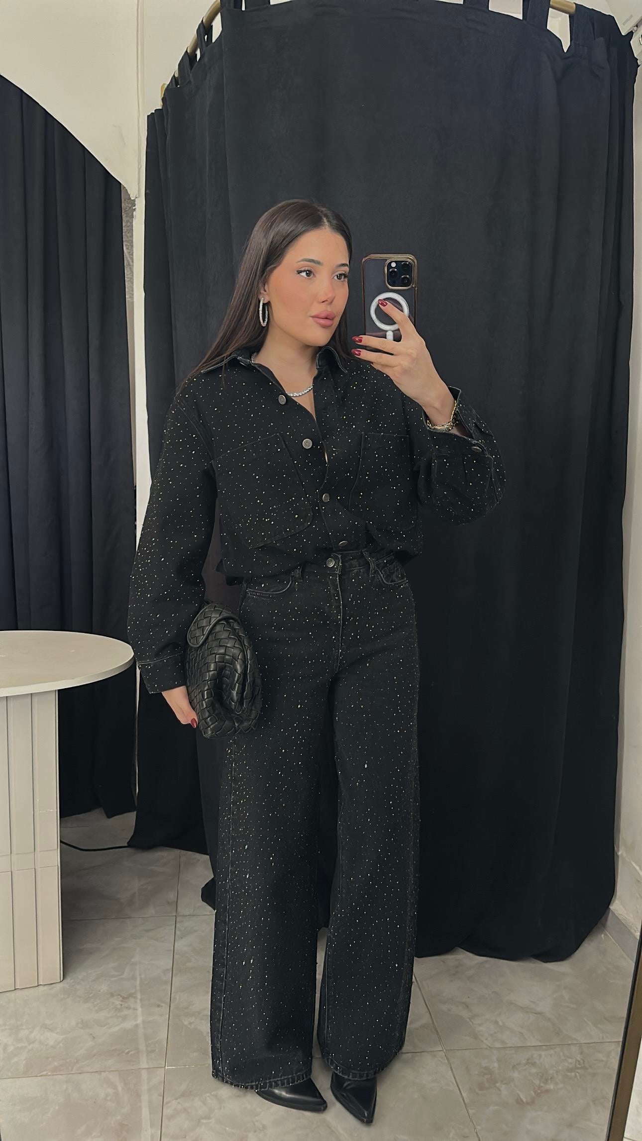Premium Full Ön Arka Taşlı Palazzo Jean-Siyah