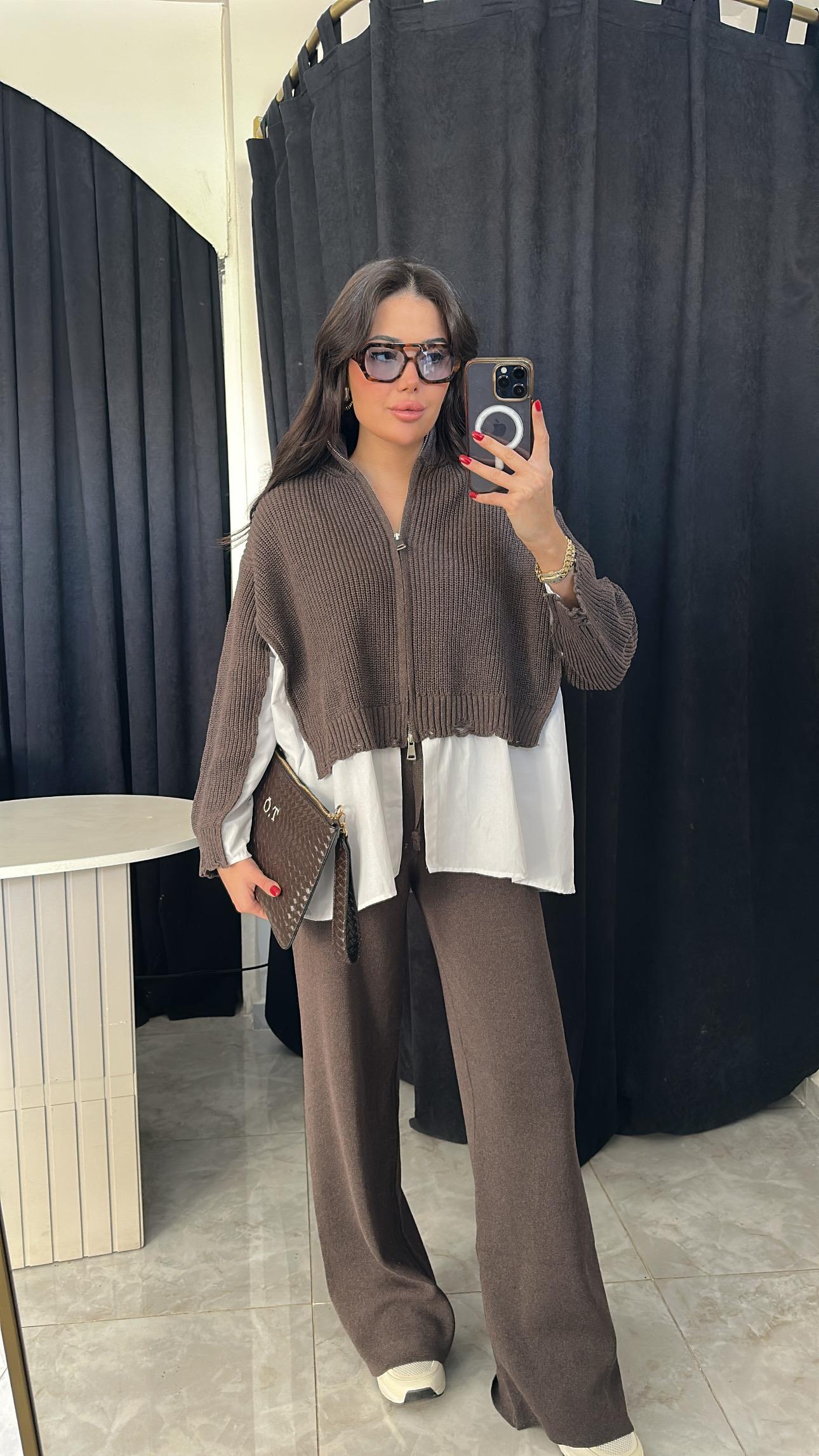 Premium Gömlek Detaylı Triko Takım - Acı Kahve