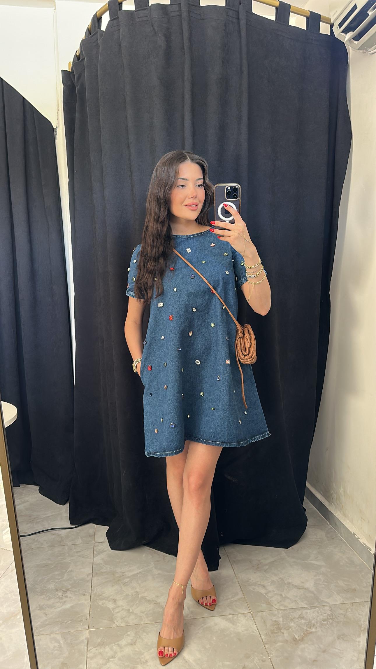 Taş Detaylı Denim Elbise