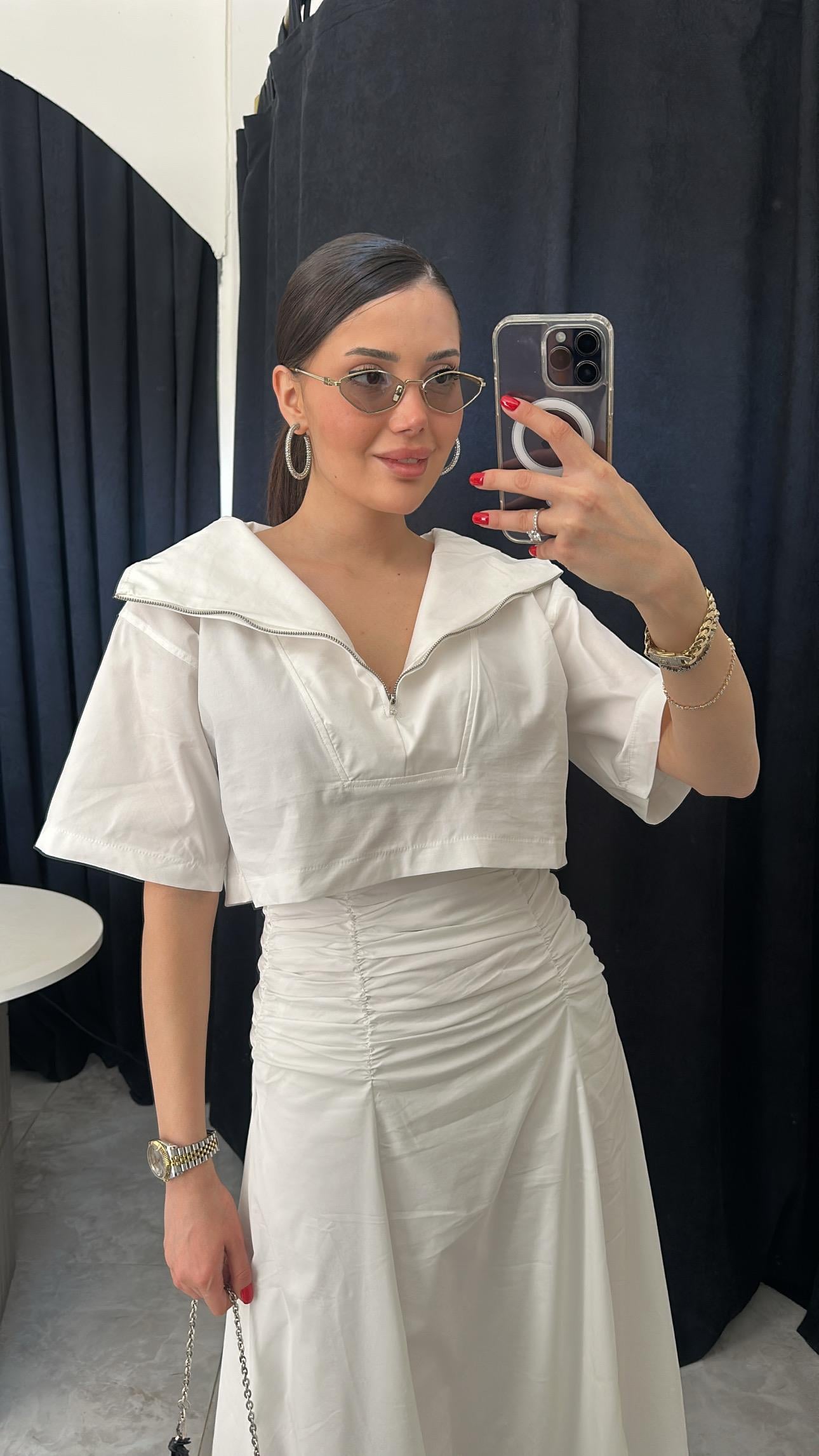 Poplin Kumaş Fermuar Detaylı Bluz Beyaz