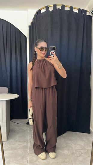 Tensel Top & Pantolon Takım - Kahve