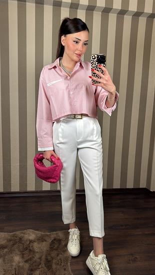 Çizgili Pembe Crop Gömlek