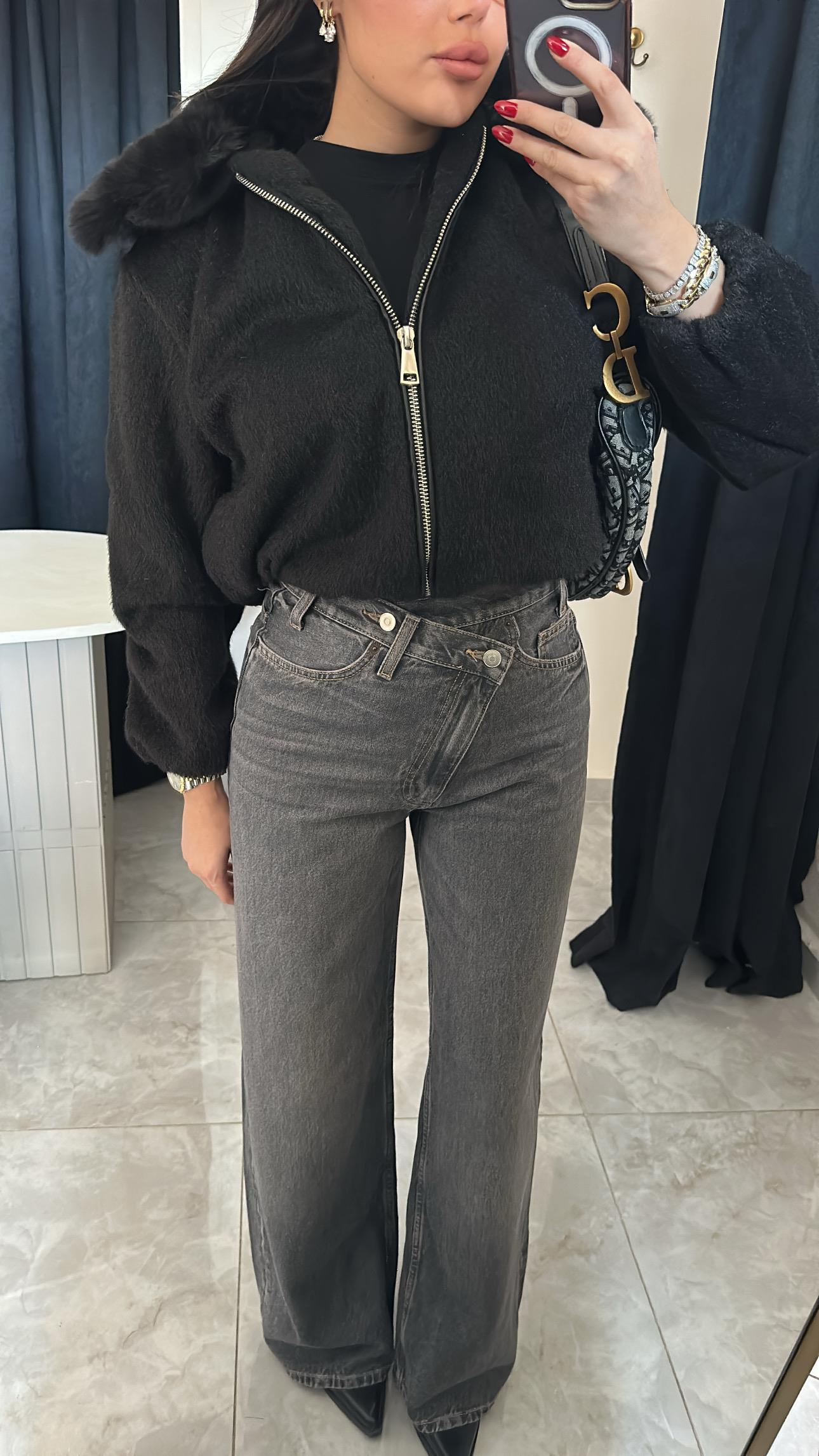 Bel Detaylı Gri Wide Leg Jean