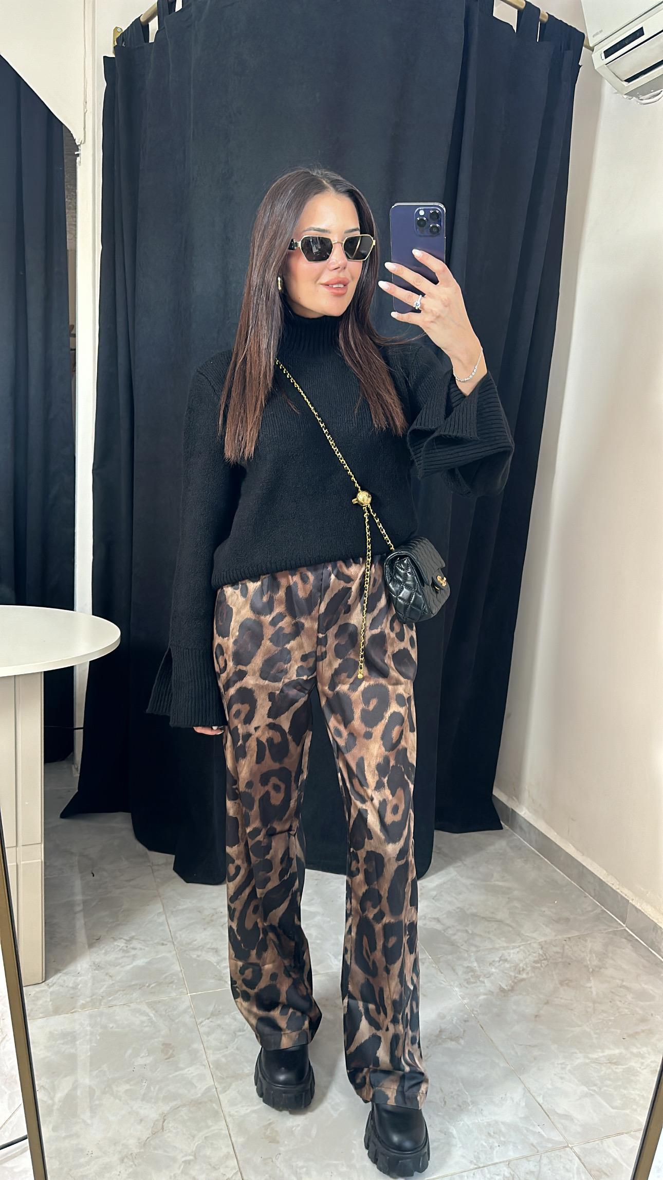Leopar Saten Pantolon