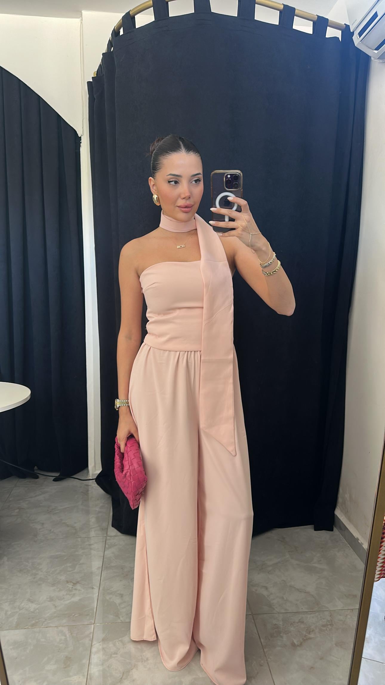 Fular Detaylı Top & Pantolon Takım - Pudra