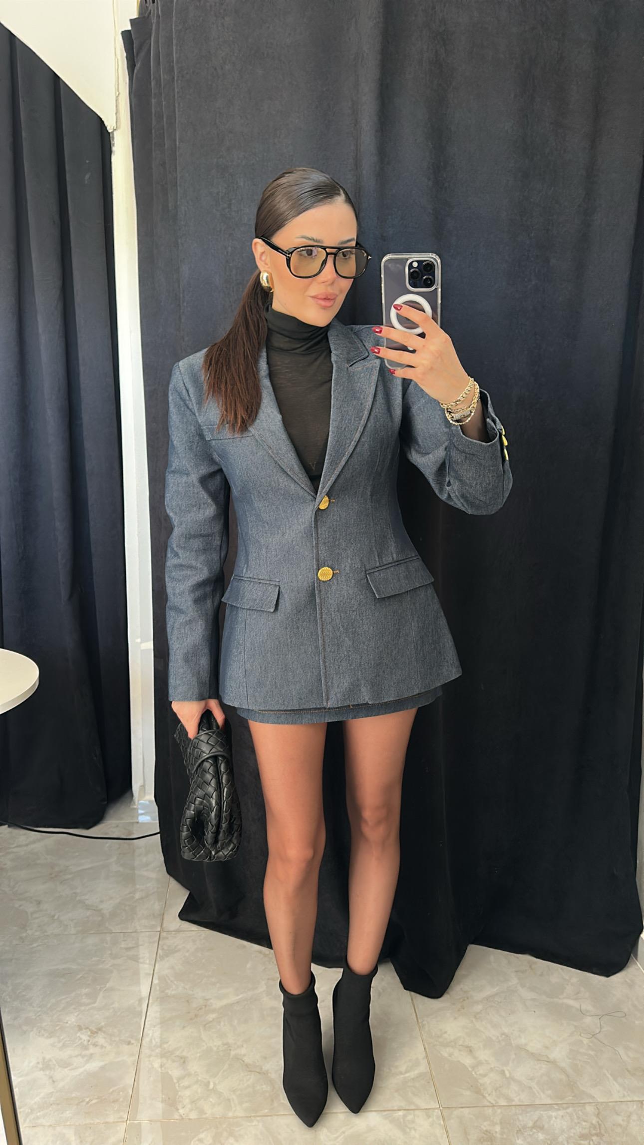 Premium Denim Vatkalı Blazer Etek Takım