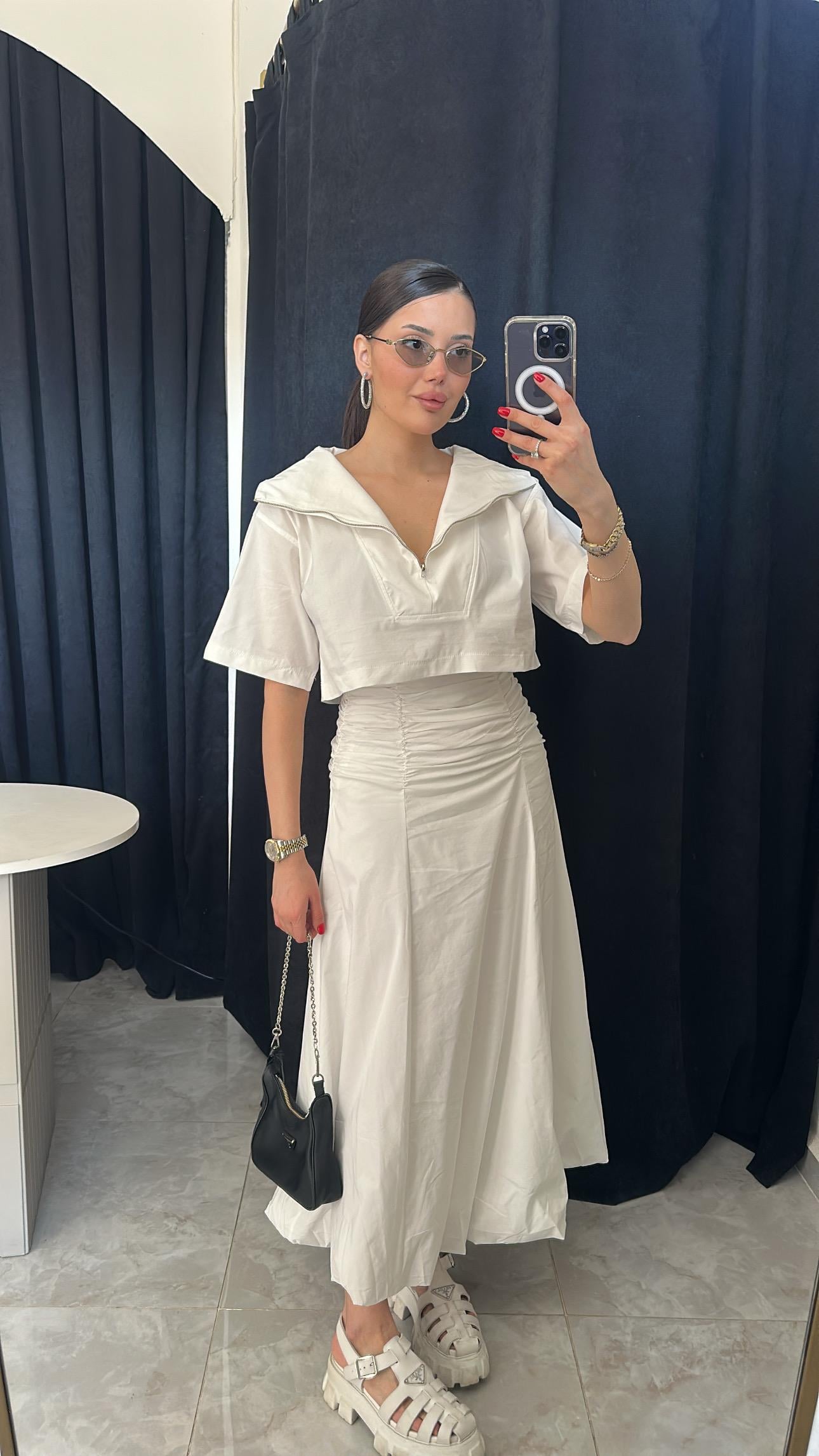 Poplin Kumaş Bel Detaylı Etek Beyaz