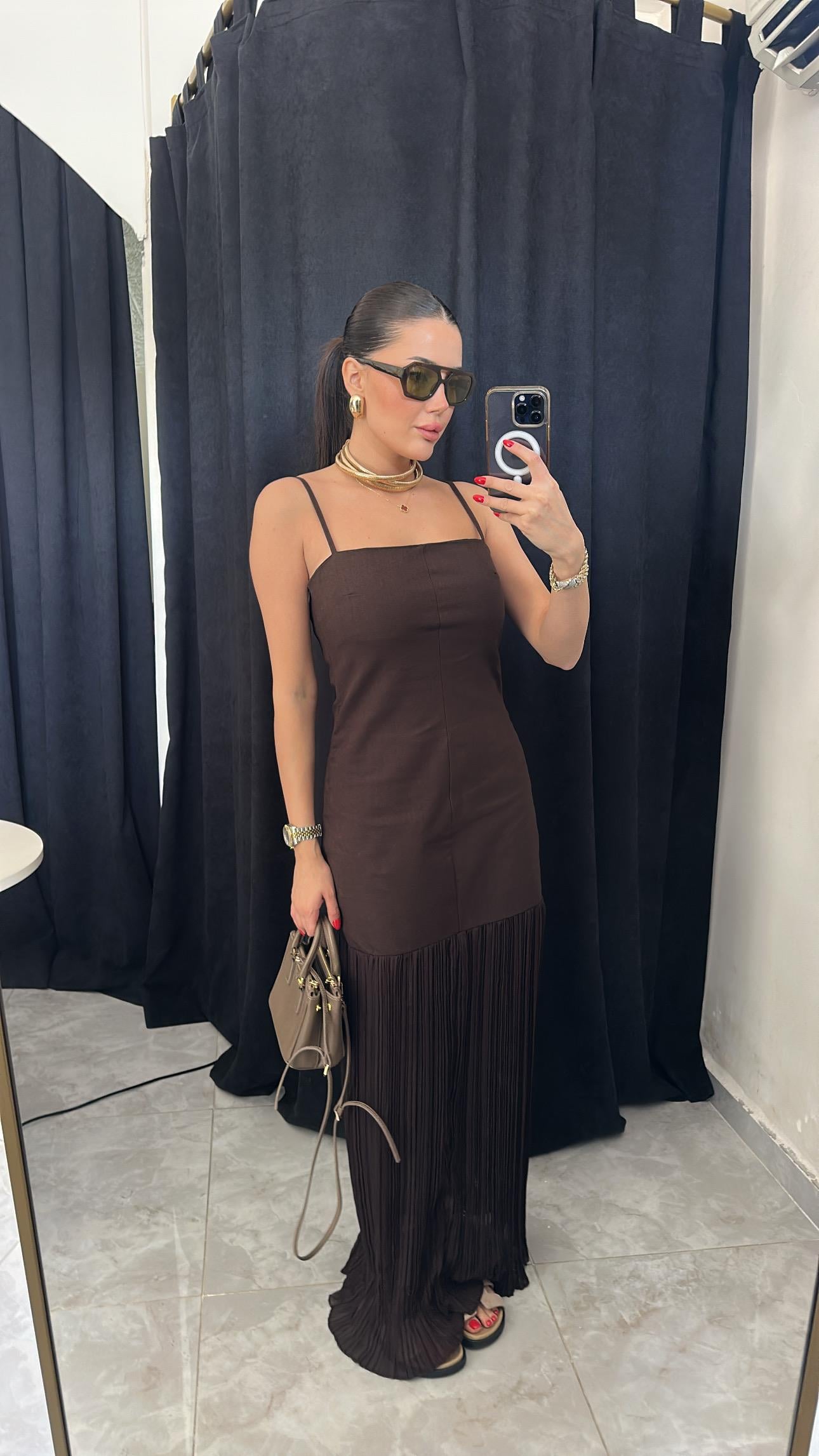Acı Kahve Denim Tül Detaylı Elbise