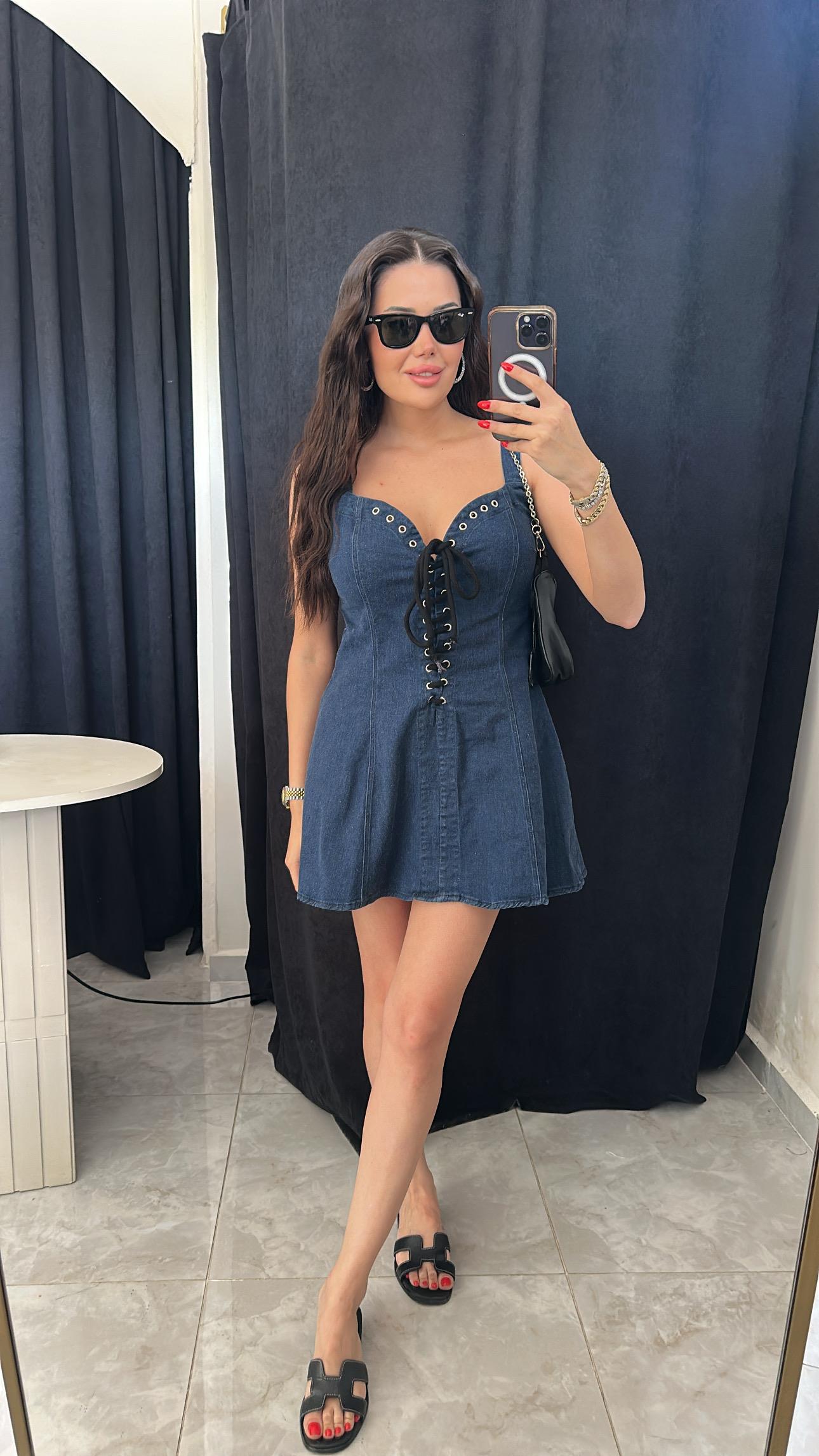 Kusgozu Detaylı Denim Mini Elbise