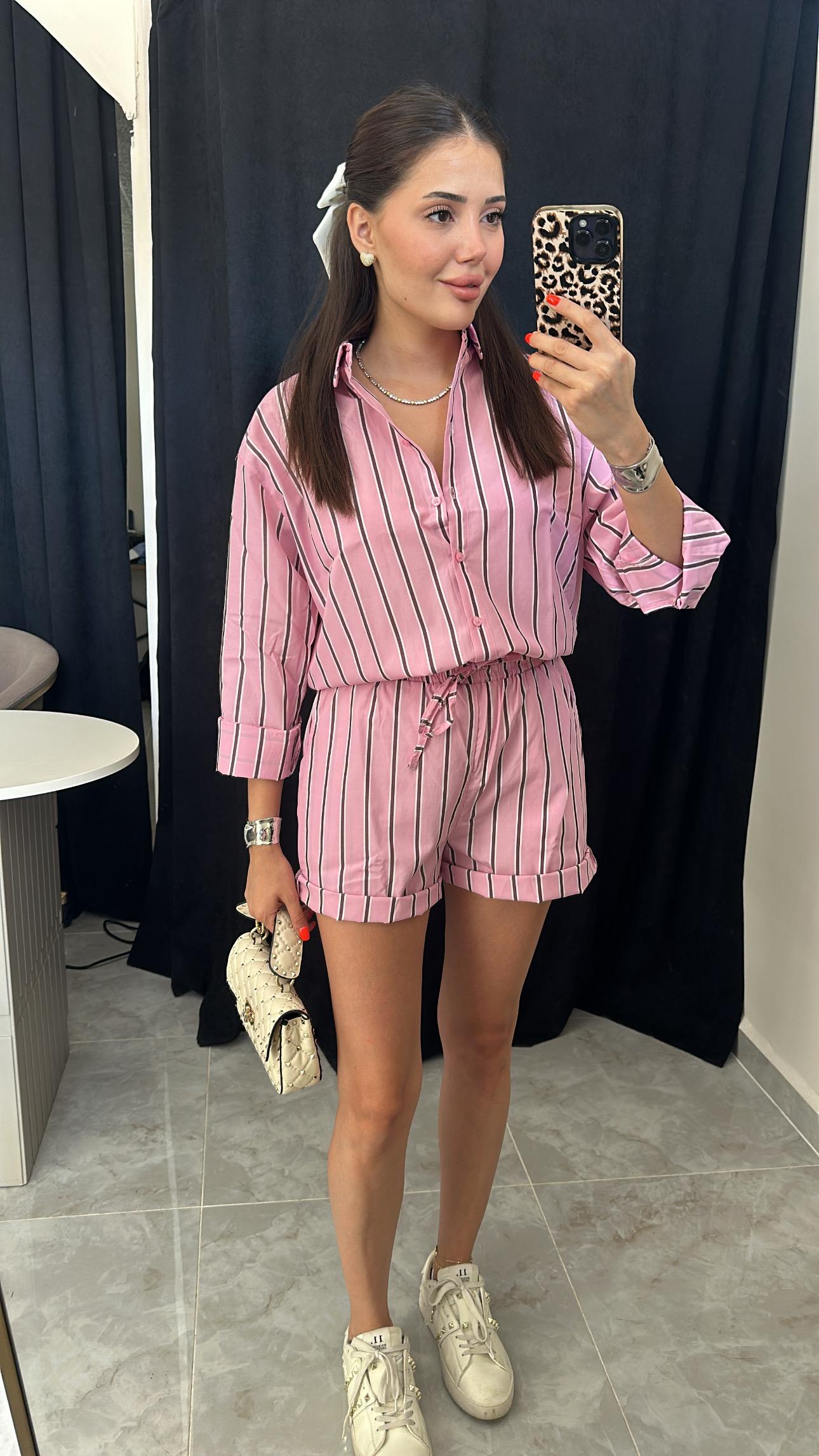 Pembe Çizgili Şort Gömlek Takım