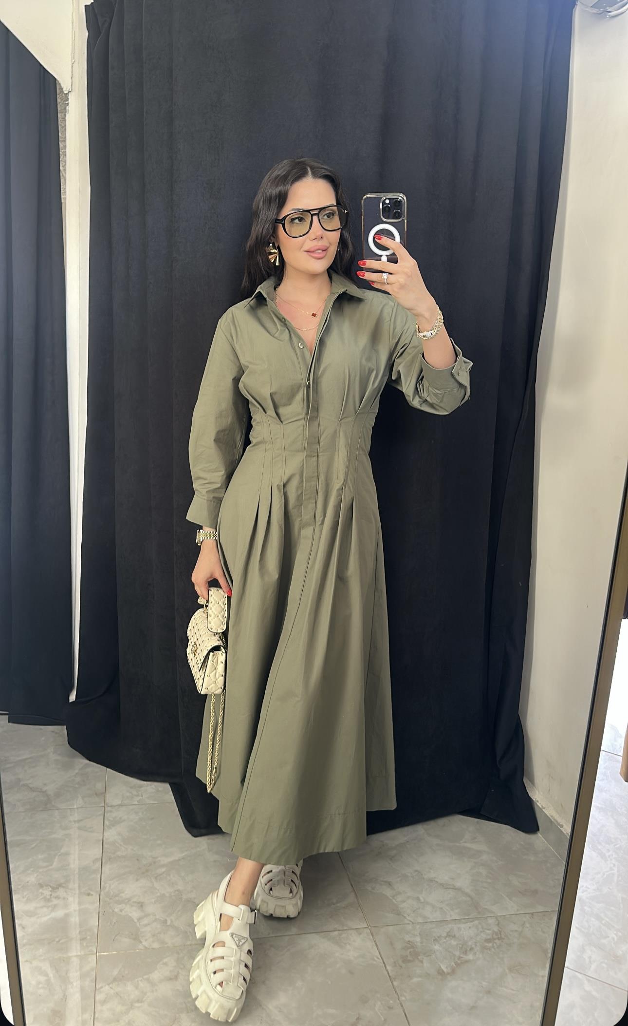 Premium Belden Oturan Poplin Haki Midi Elbise