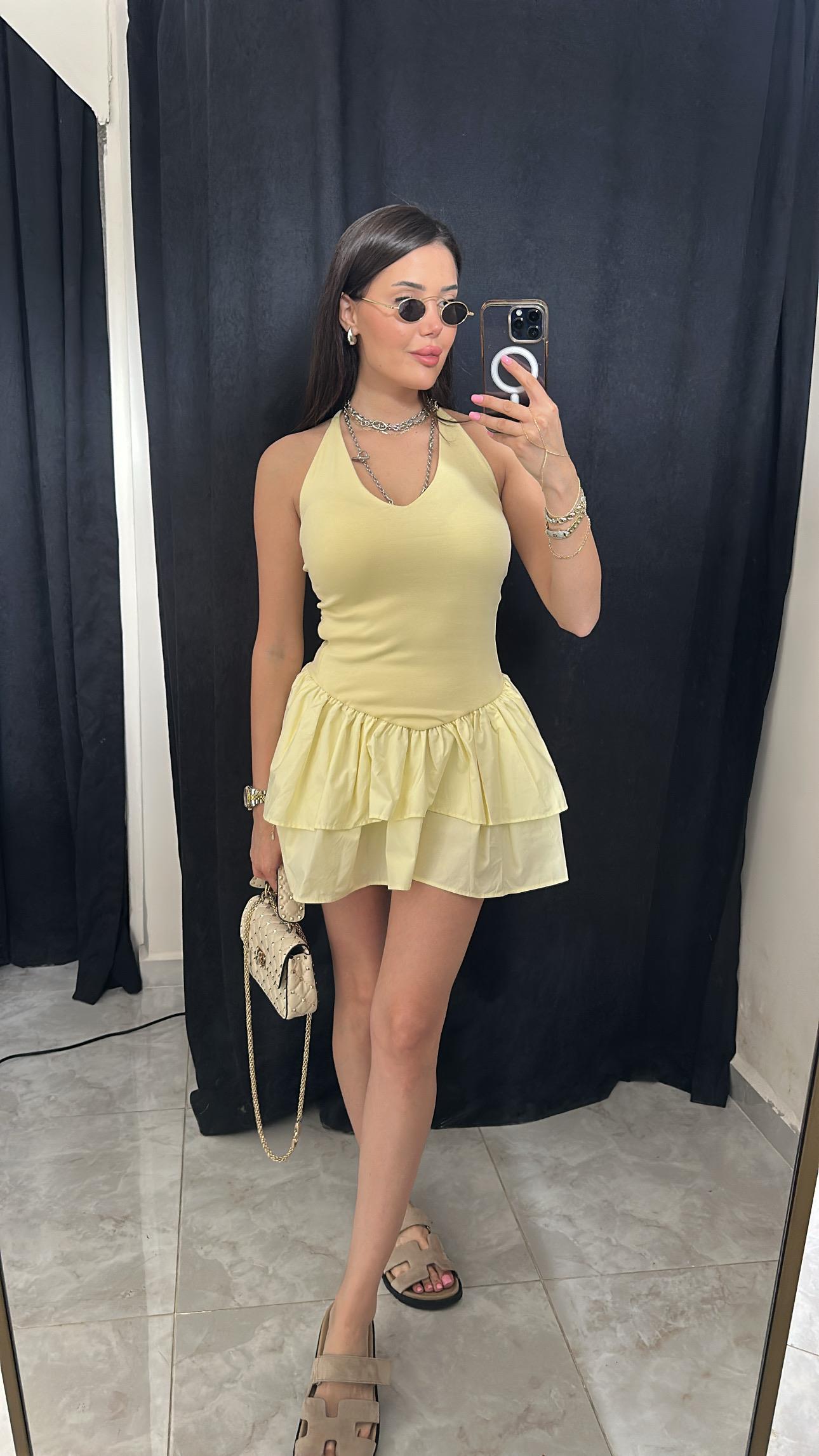 Halter Yaka Fırfır Detaylı Mini Elbise - Lime