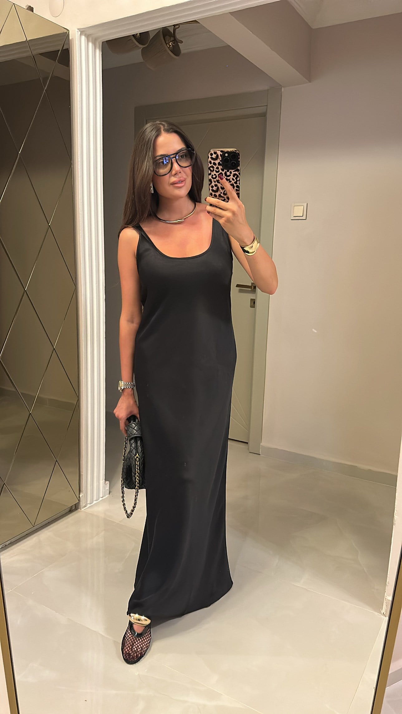 SATEN MAXİ ELBİSE-SİYAH