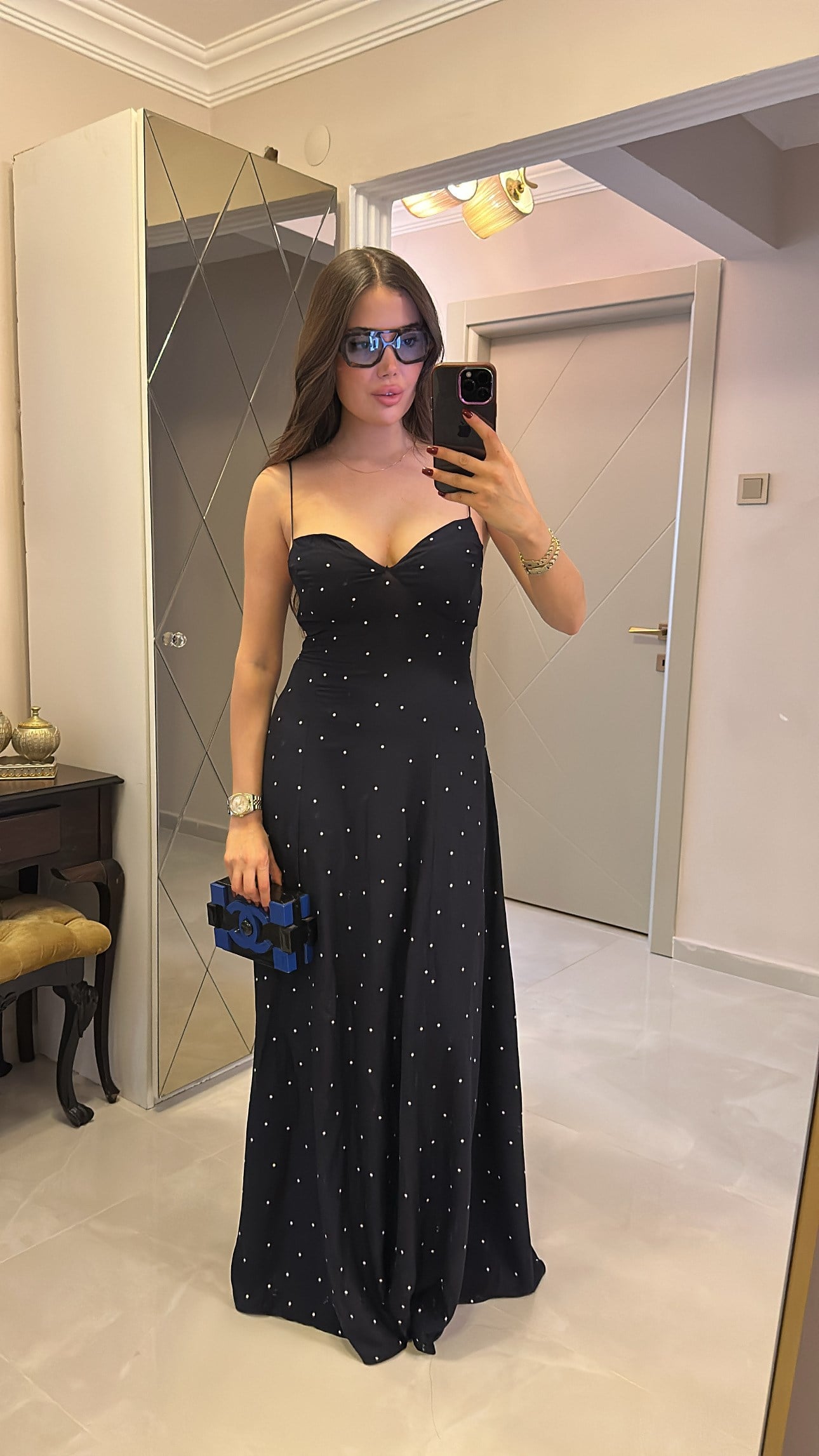 LACIVERT PUANTIYELI MAXI ELBISE